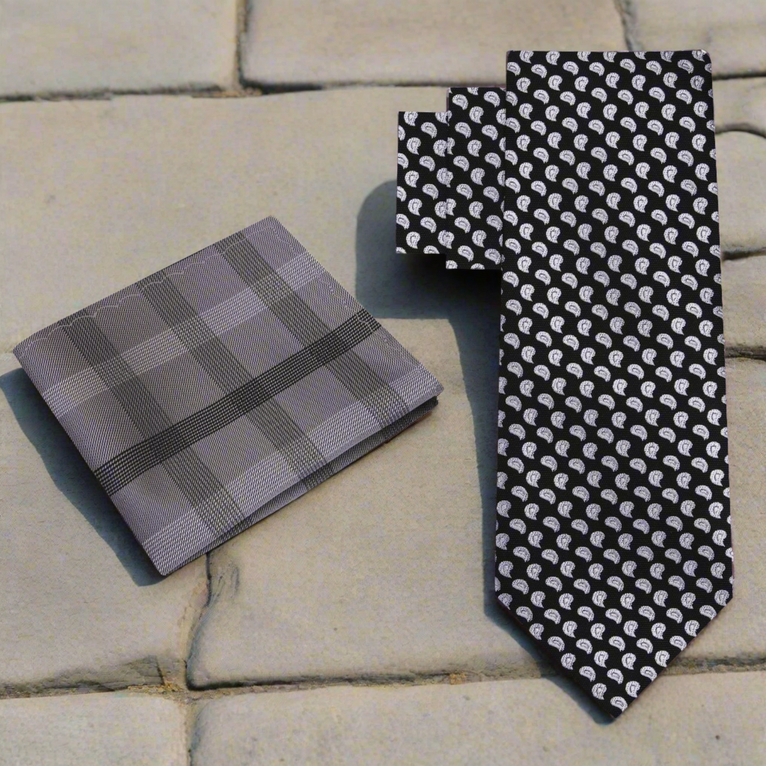 Alt View: Black, Grey Paisley Necktie and Accenting Plaid Square