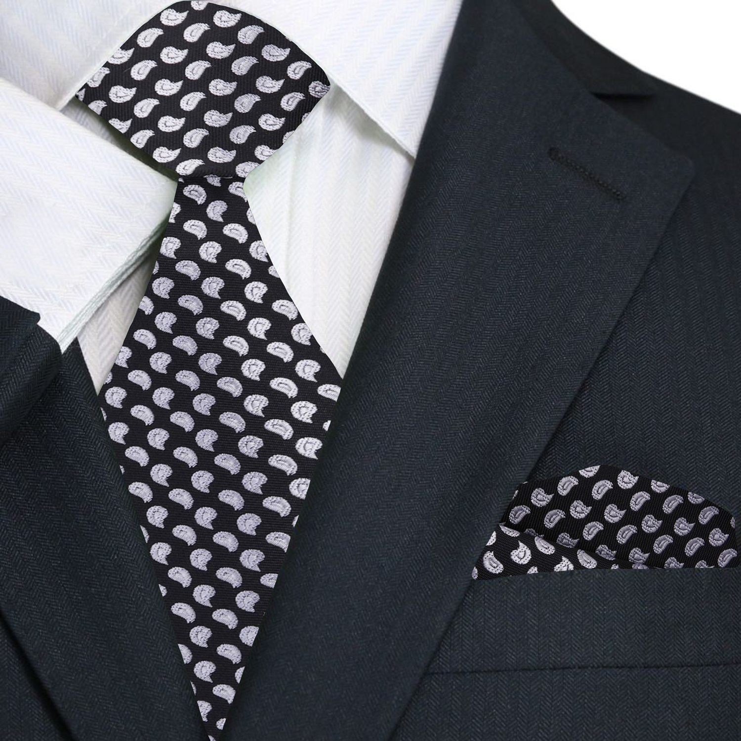 Premium Black, Grey Small Paisley Tie and Pocket Square