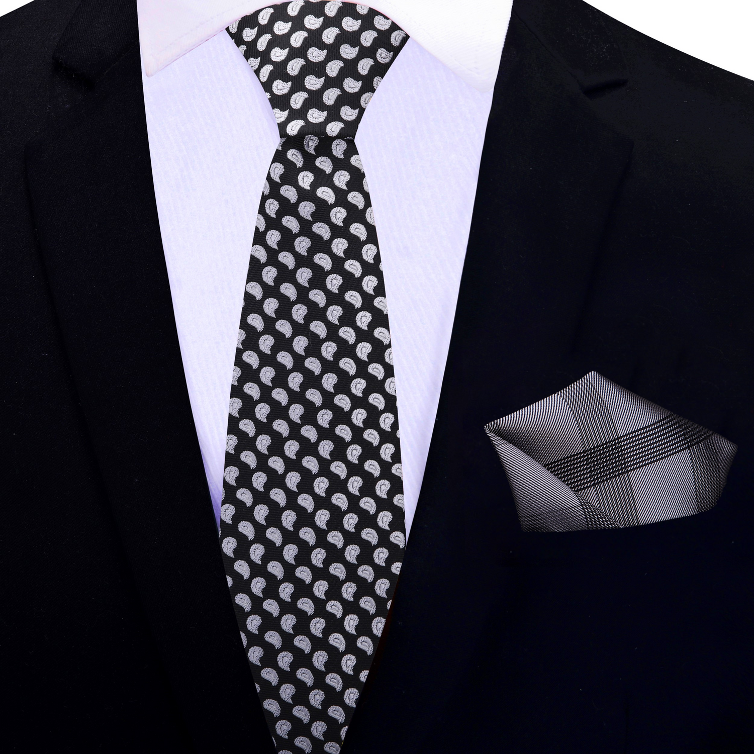 Thin Alt View: Black, Grey Paisley Necktie and Accenting Plaid Square