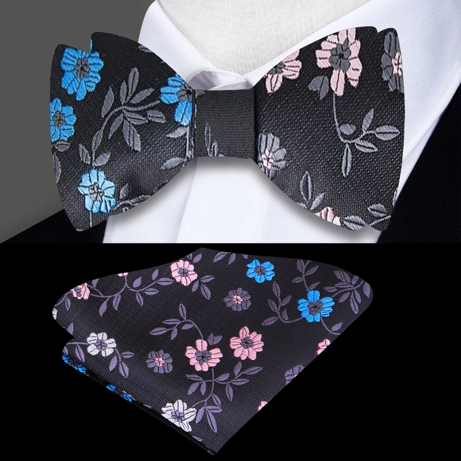 A Black, Grey, Pink, Blue Floral Pattern Silk Self Tie Bow Tie, With Matching Pocket Square||Black, Grey, Pink, Blue