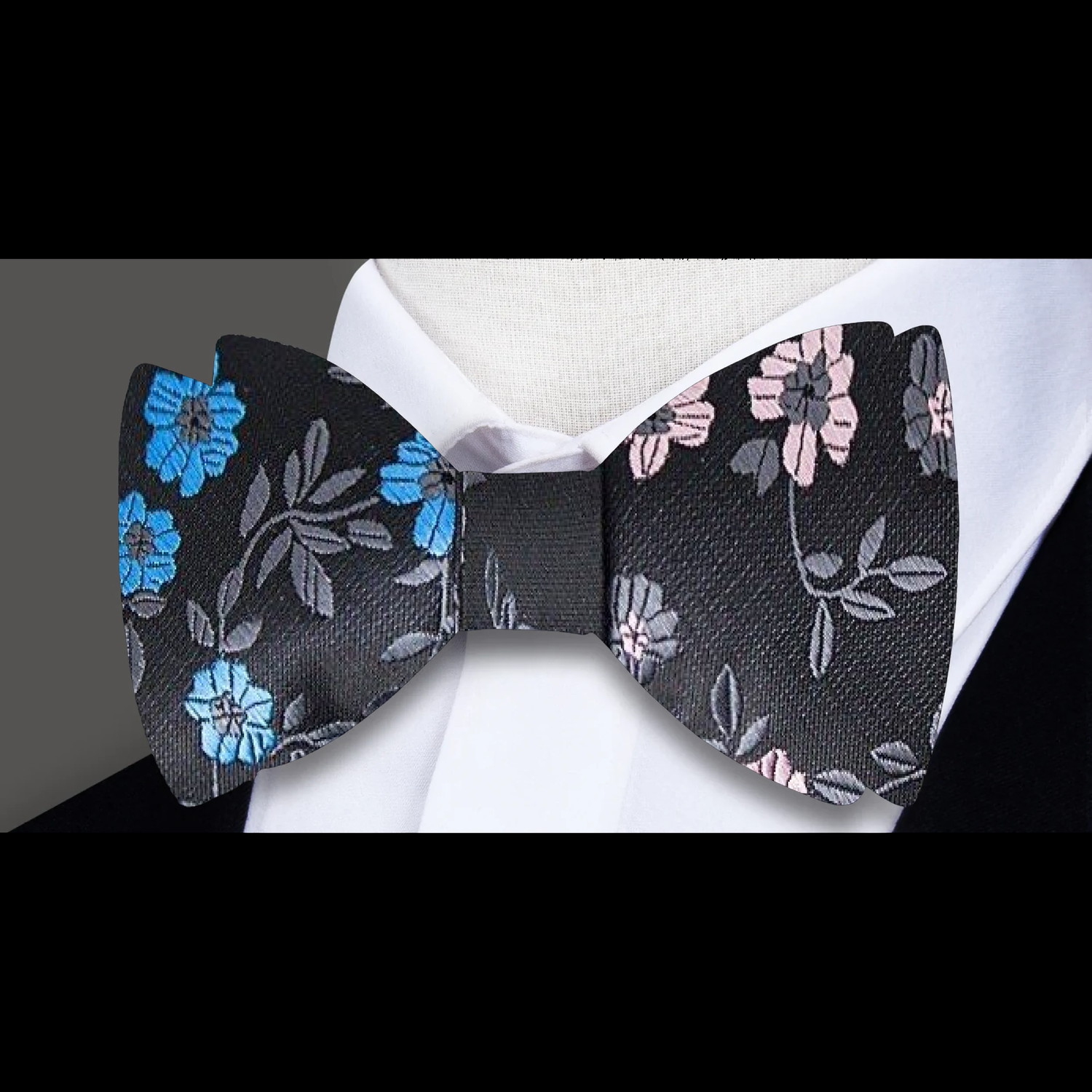A Black, Grey, Pink, Blue Floral Pattern Silk Self Tie Bow Tie, 