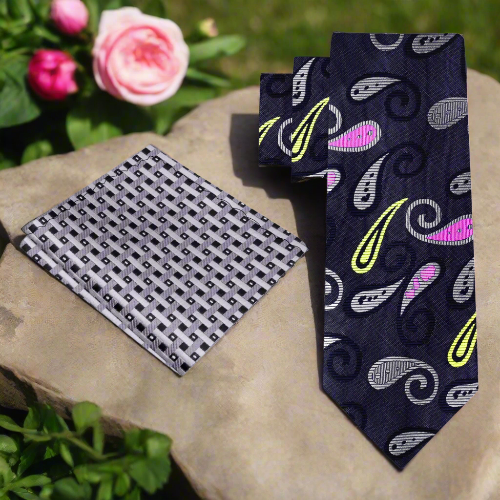 Black Grey Pink Enchanted Paisley Necktie and Accenting Square 1