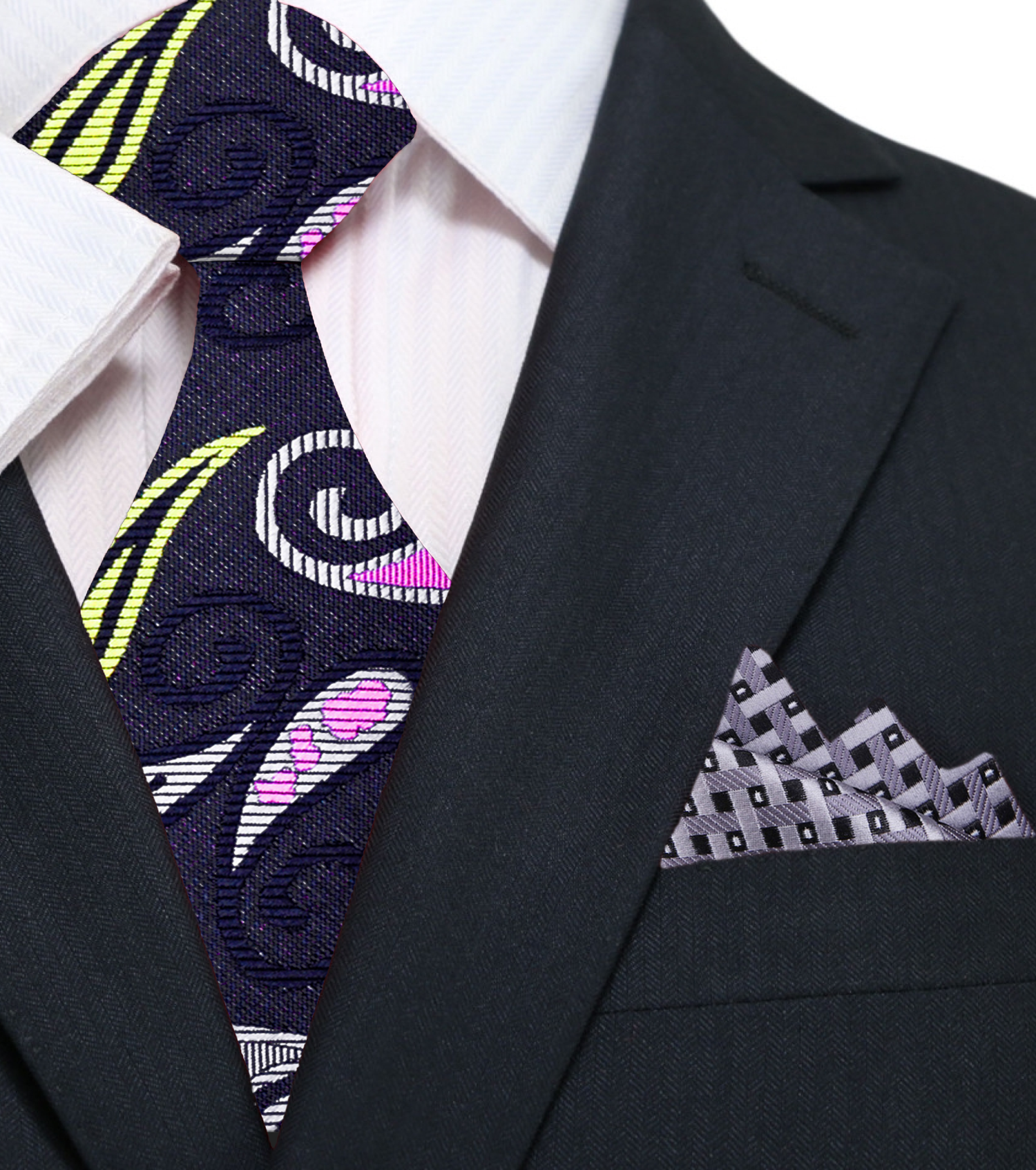 Black Grey Pink Enchanted Paisley Necktie and Accenting Square