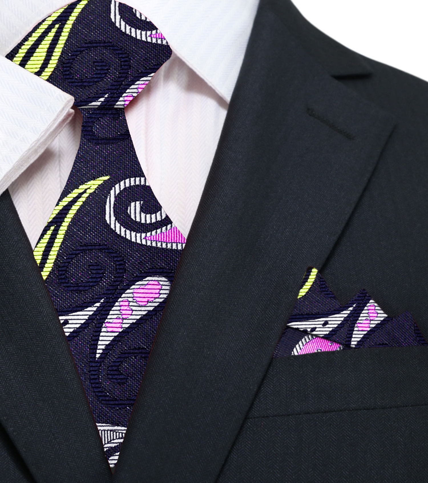 Black Grey Pink Enchanted Paisley Necktie and Square