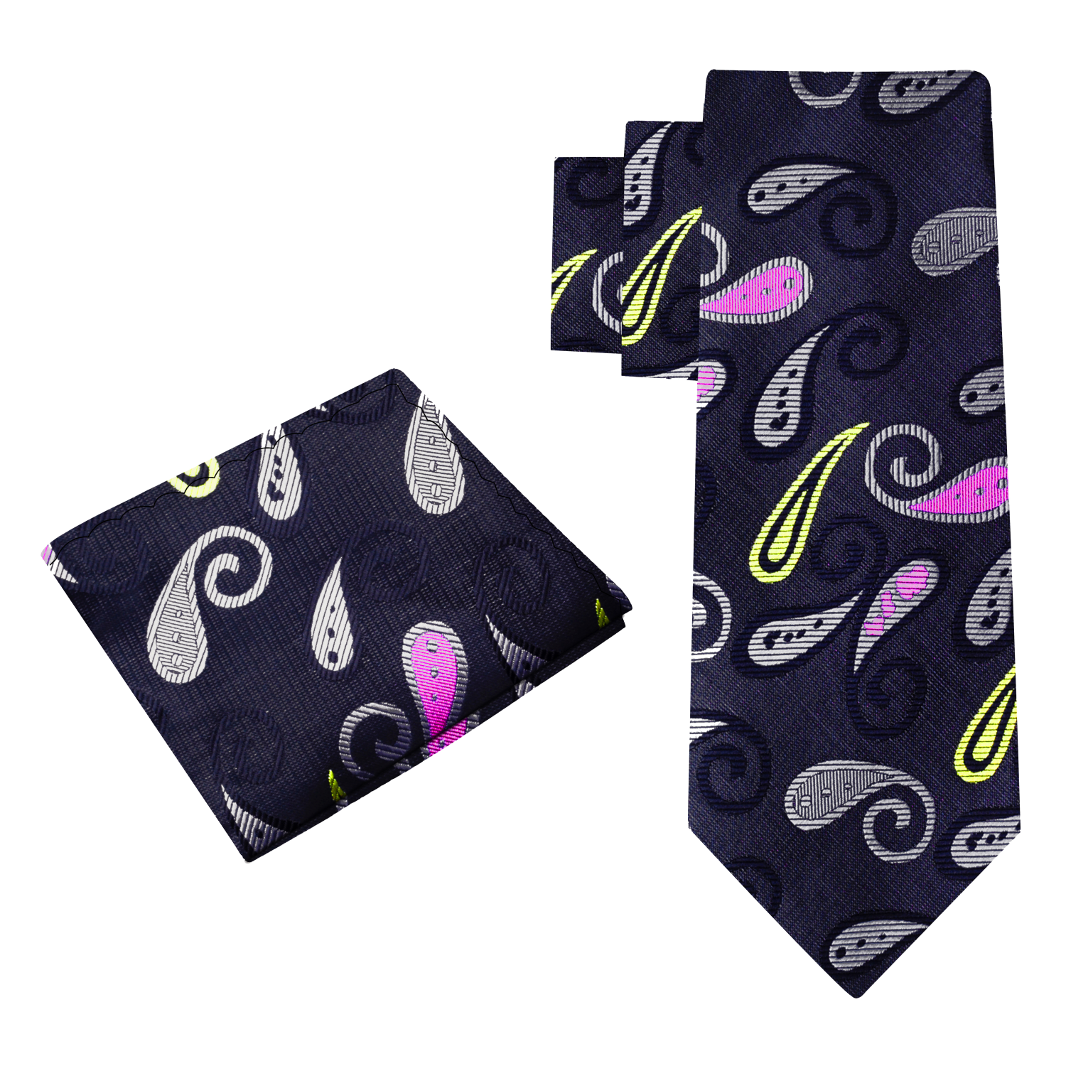 View 2: Black Grey Pink Enchanted Paisley Necktie and Square