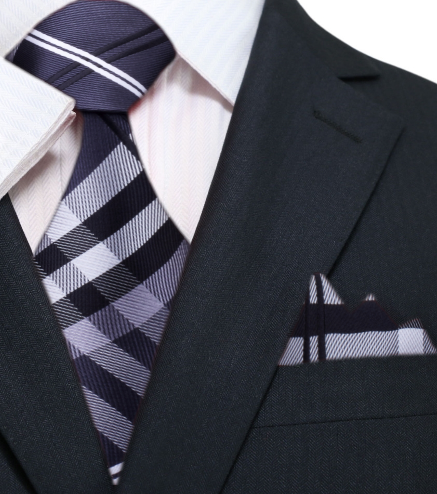 Main: A Black, Grey, White Plaid Pattern Necktie and Pocket Square ||Grey, Black, White