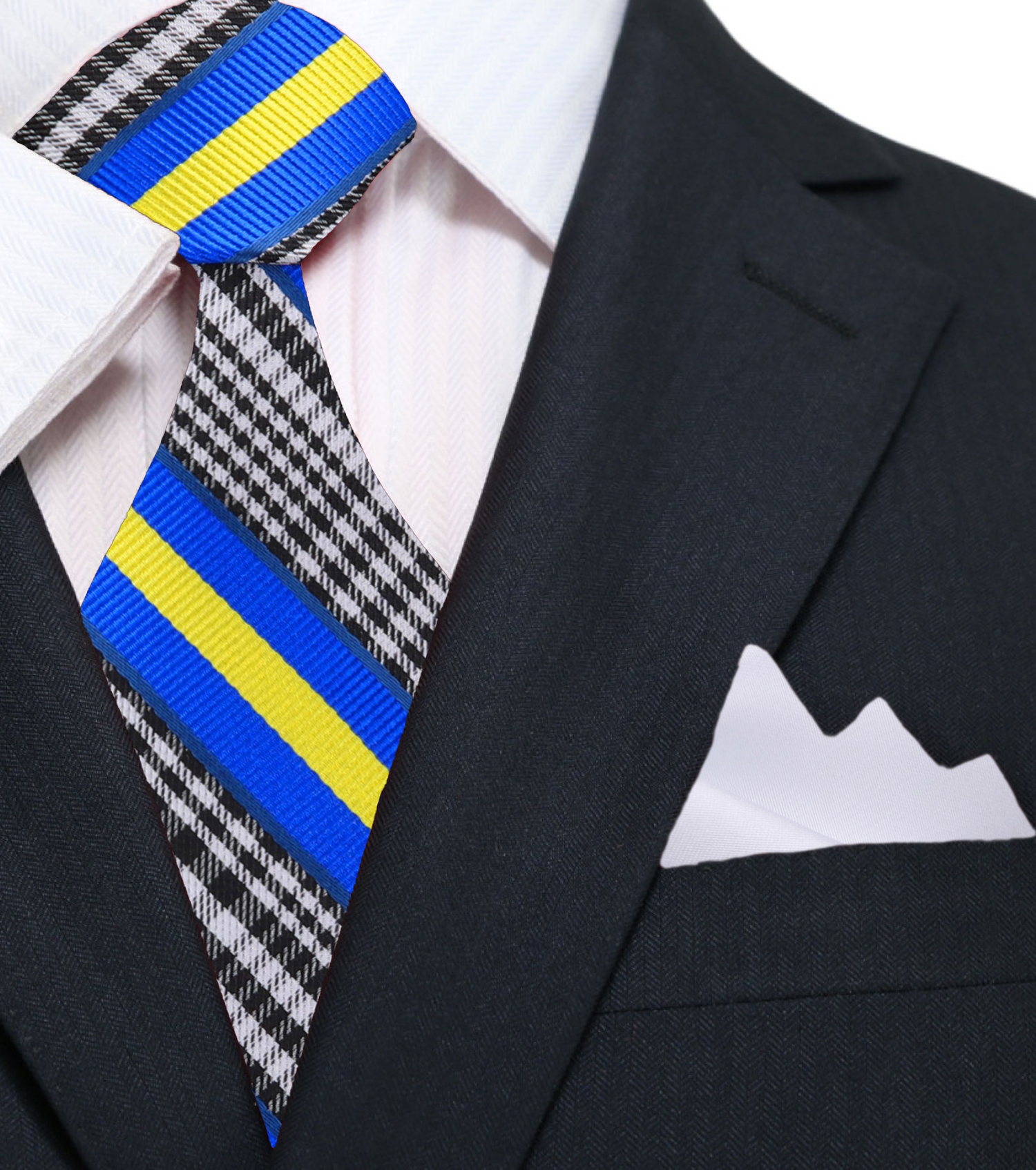 Black Grey Plaid Blue Yellow Stripe Necktie and White Square