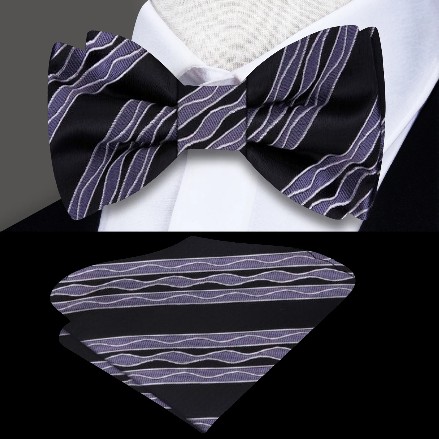 Black, Grey Wavy Lines Bow Tie and Pocket Square||Black, Grey