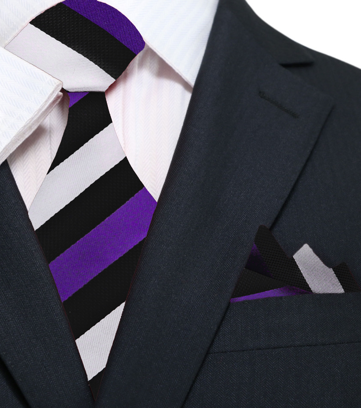 Main: Purple, Silver, Black Stripe Tie and Pocket Square||Purple, Black, Light Silver