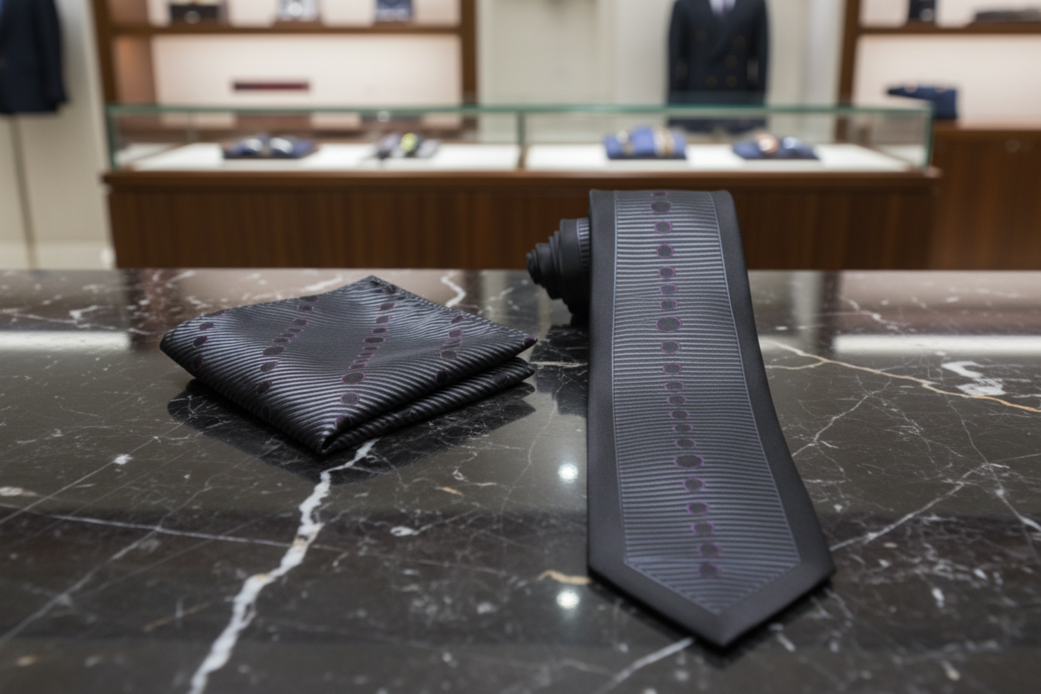 Black tie and pocket square set with subtle pattern 
