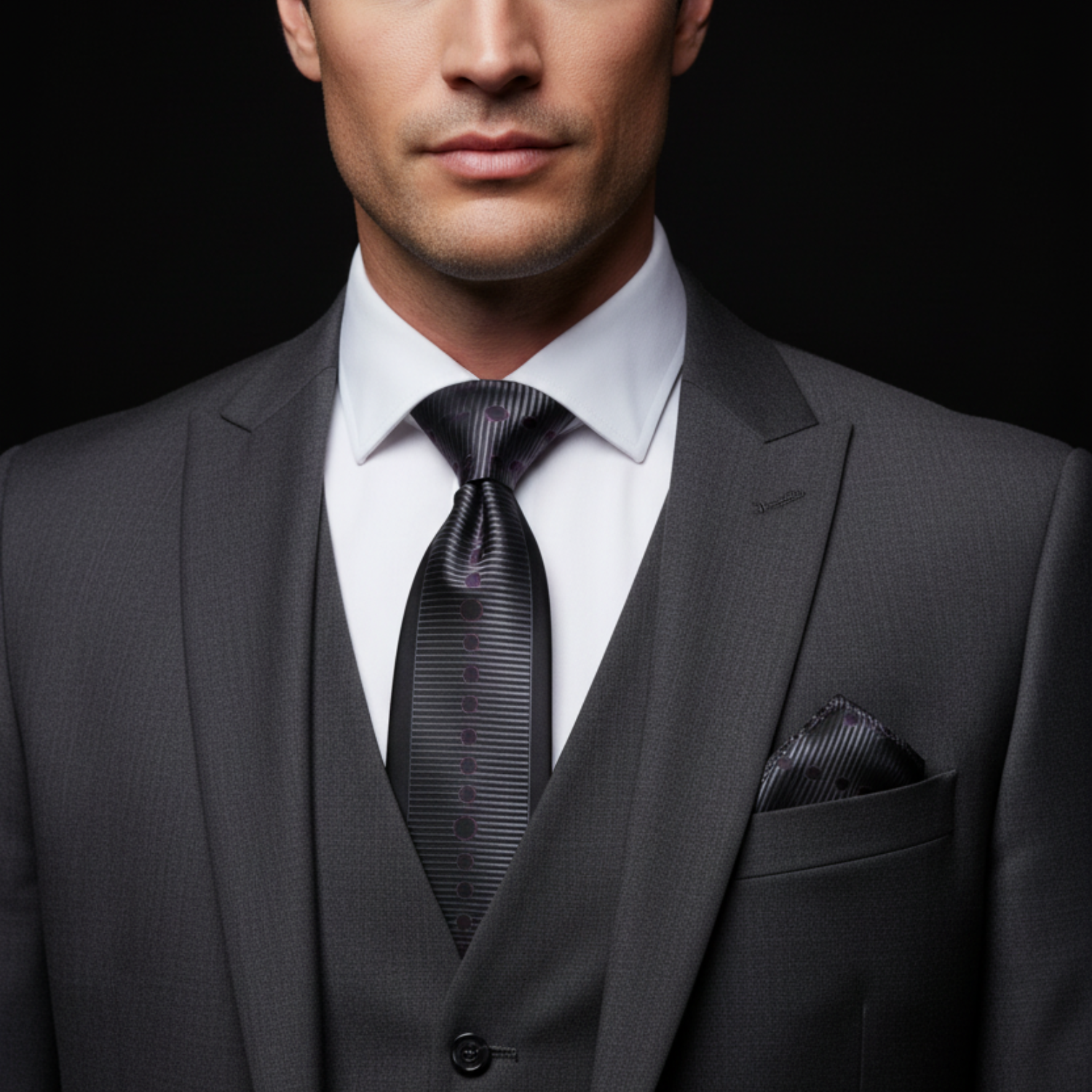 Man wearing a dark gray suit with a white shirt and black tie against a black background