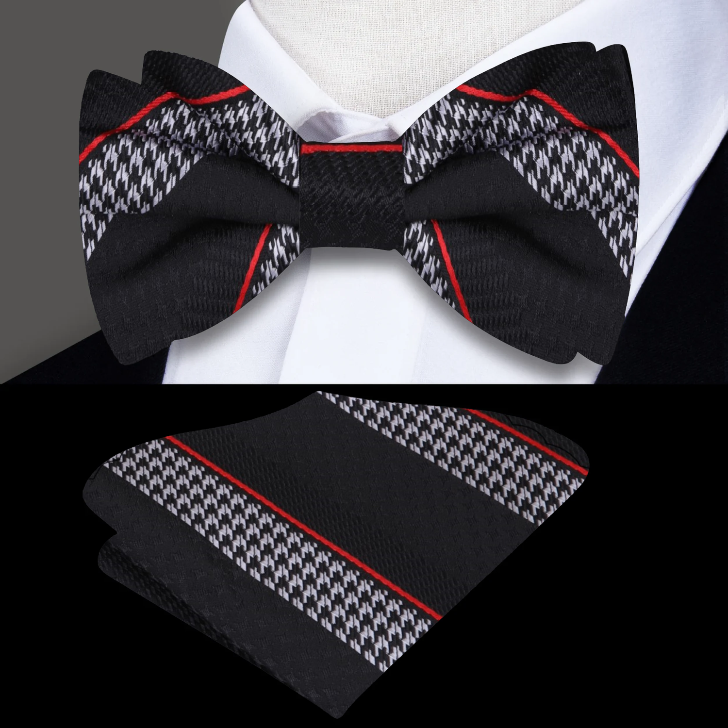 A Black, Red, Grey Houndstooth and Stripe Pattern Silk Self Tie Bow Tie, Matching Pocket Square