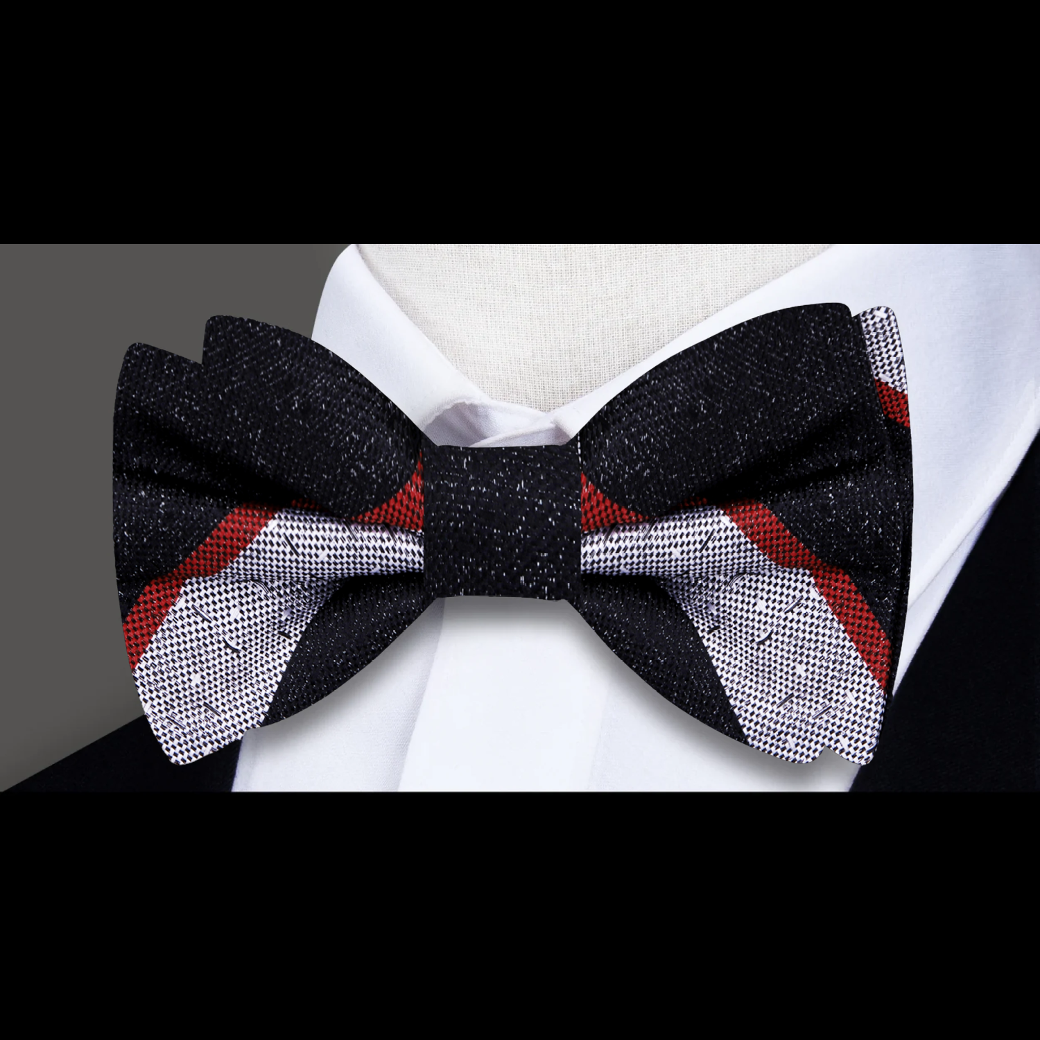 A Black, Red, Grey Stripe Pattern Silk Self Tie Bow Tie