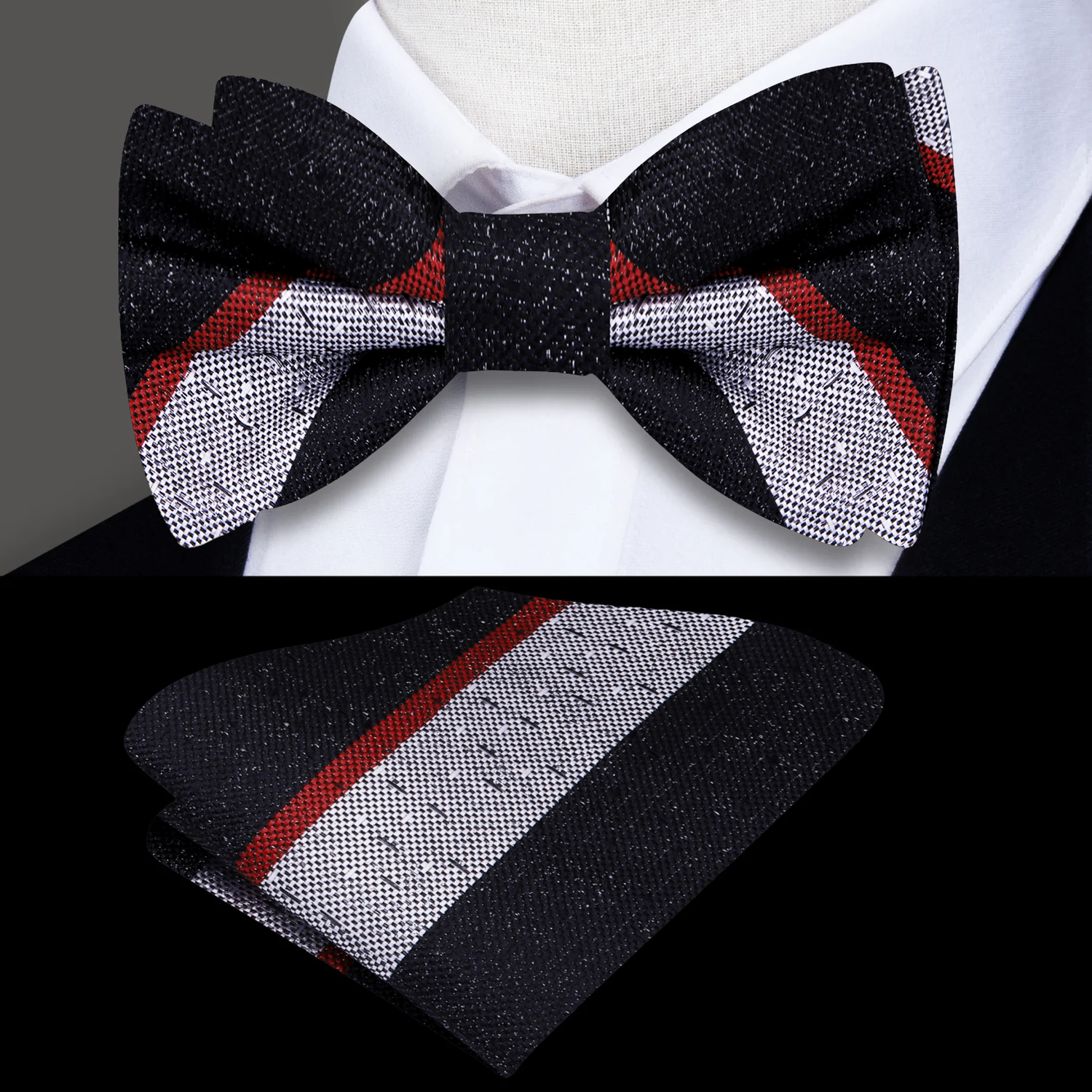 A Black, Red, Grey Stripe Pattern Silk Self Tie Bow Tie, Matching Pocket Square