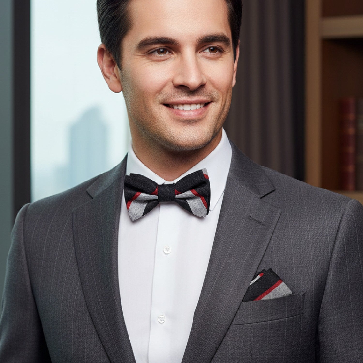 Man wearing a gray suit with a patterned bow tie indoors