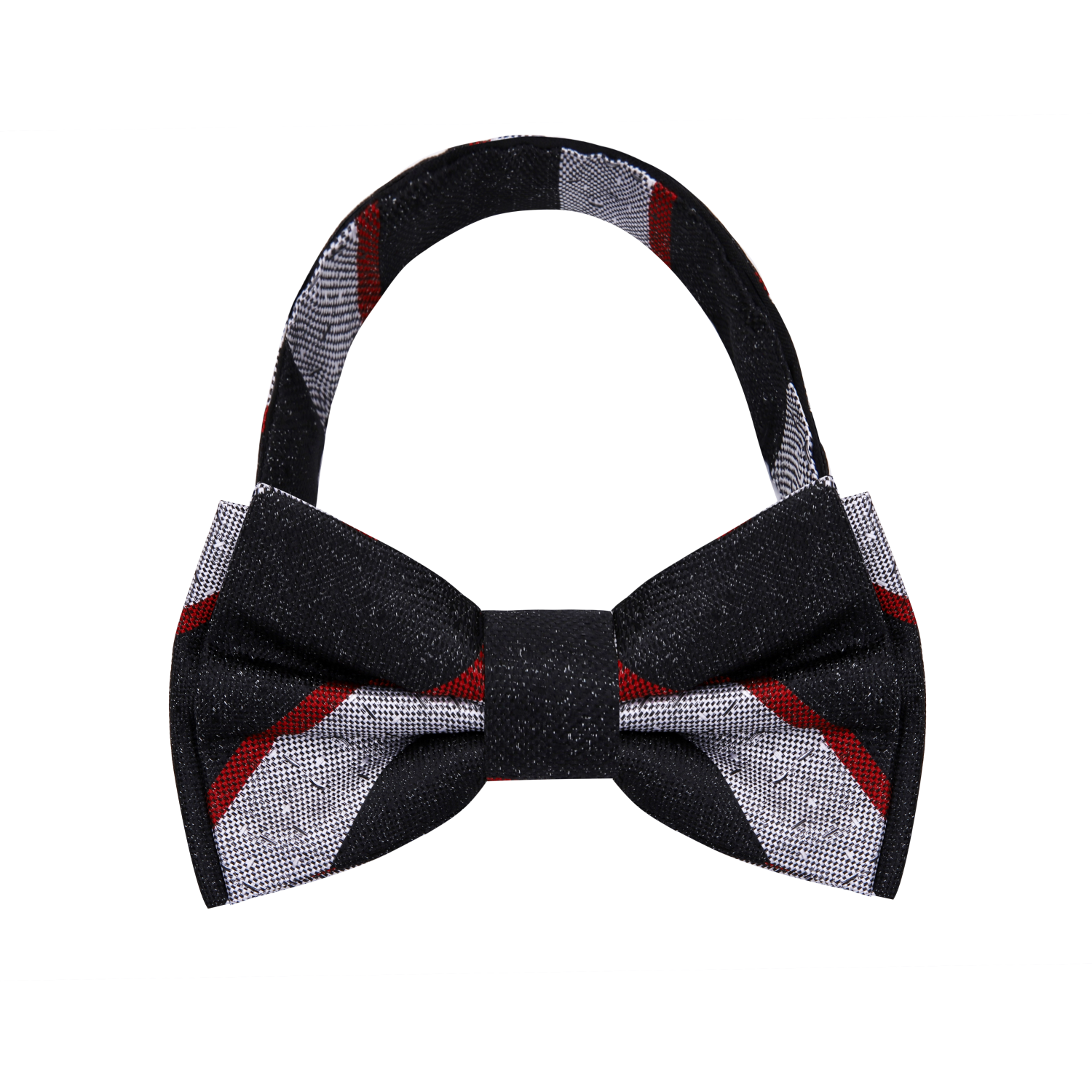 Pre Tied A Black, Red, Grey Stripe Pattern Silk Self Tie Bow Tie