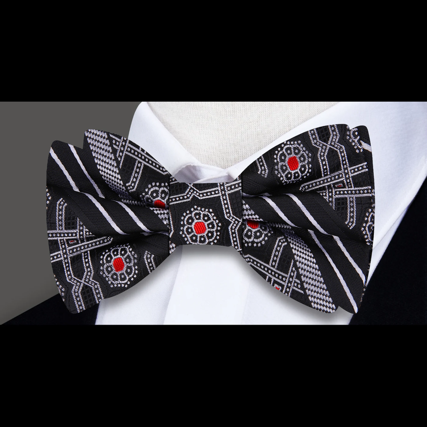 Black, Red, Grey Silk Bow Tie  