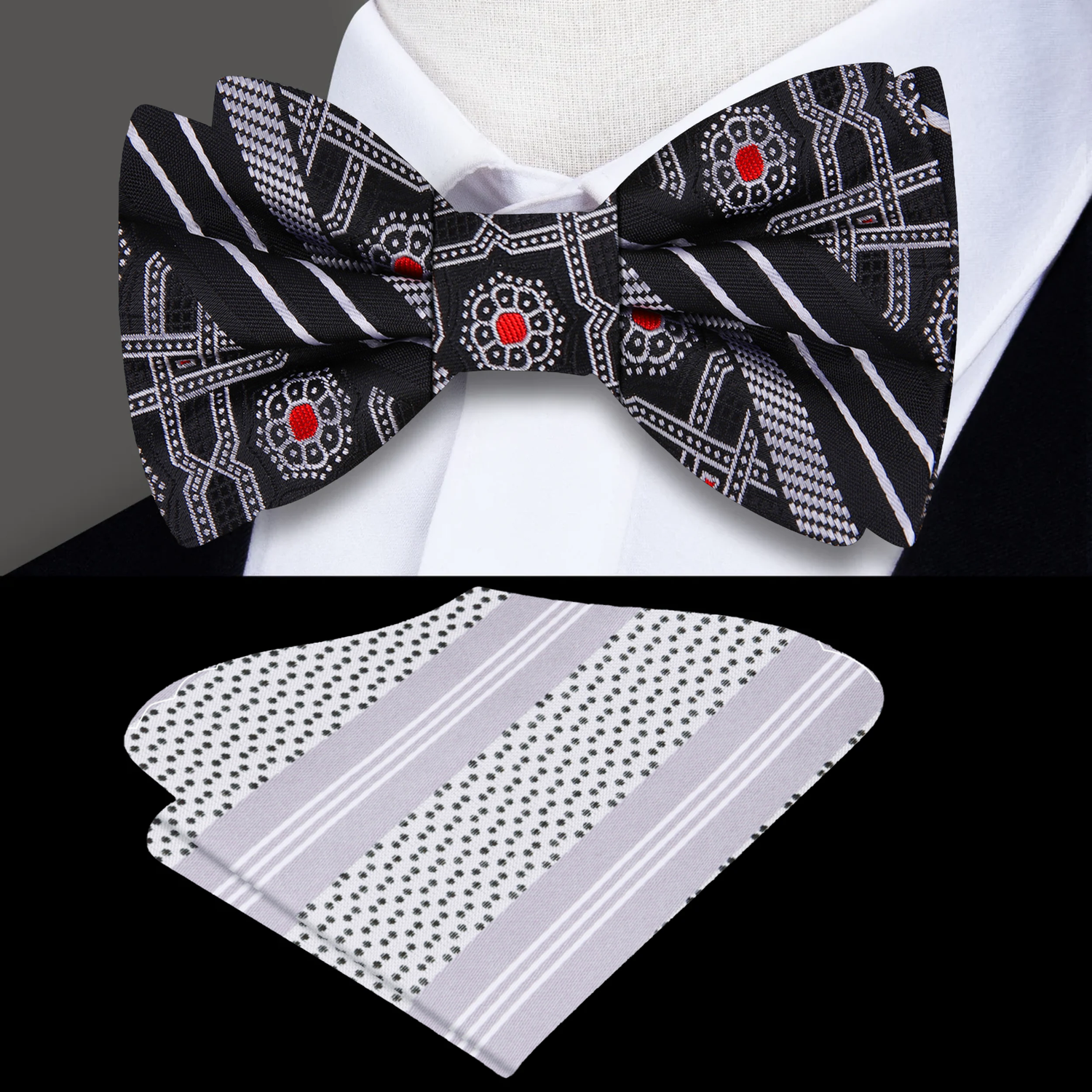 Black, Red, Grey Silk Bow Tie And Accenting Pocket Square