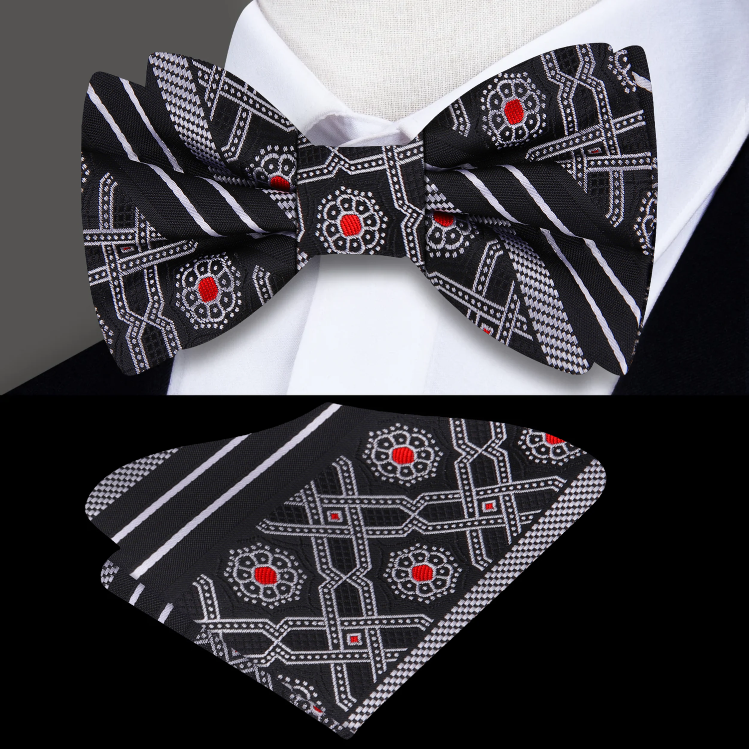 Black, Red, Grey Silk Bow Tie And Pocket Square