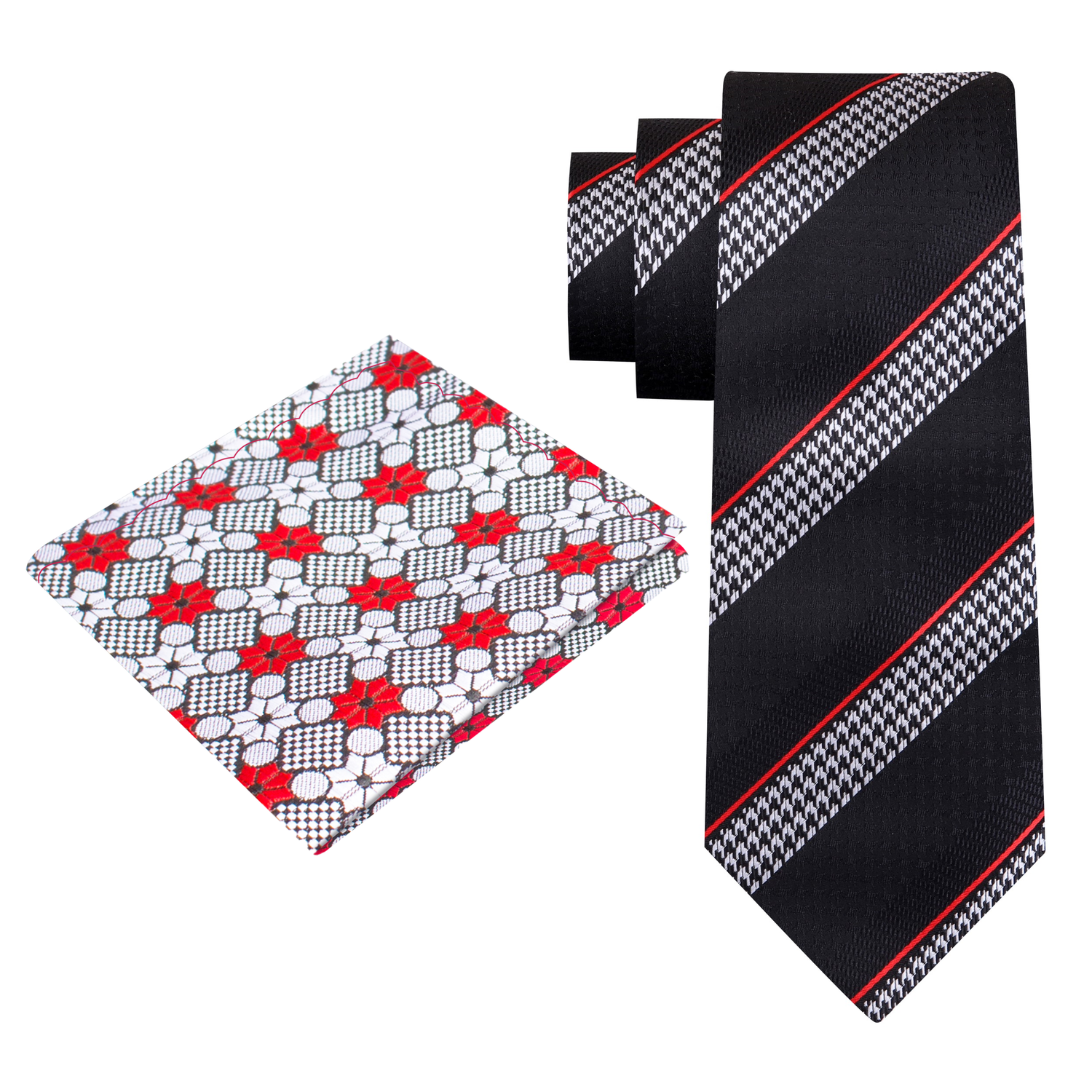 View 2: A Black, Grey, Red Stripe With Houndstooth Pattern Silk Necktie, Accenting Pocket Square