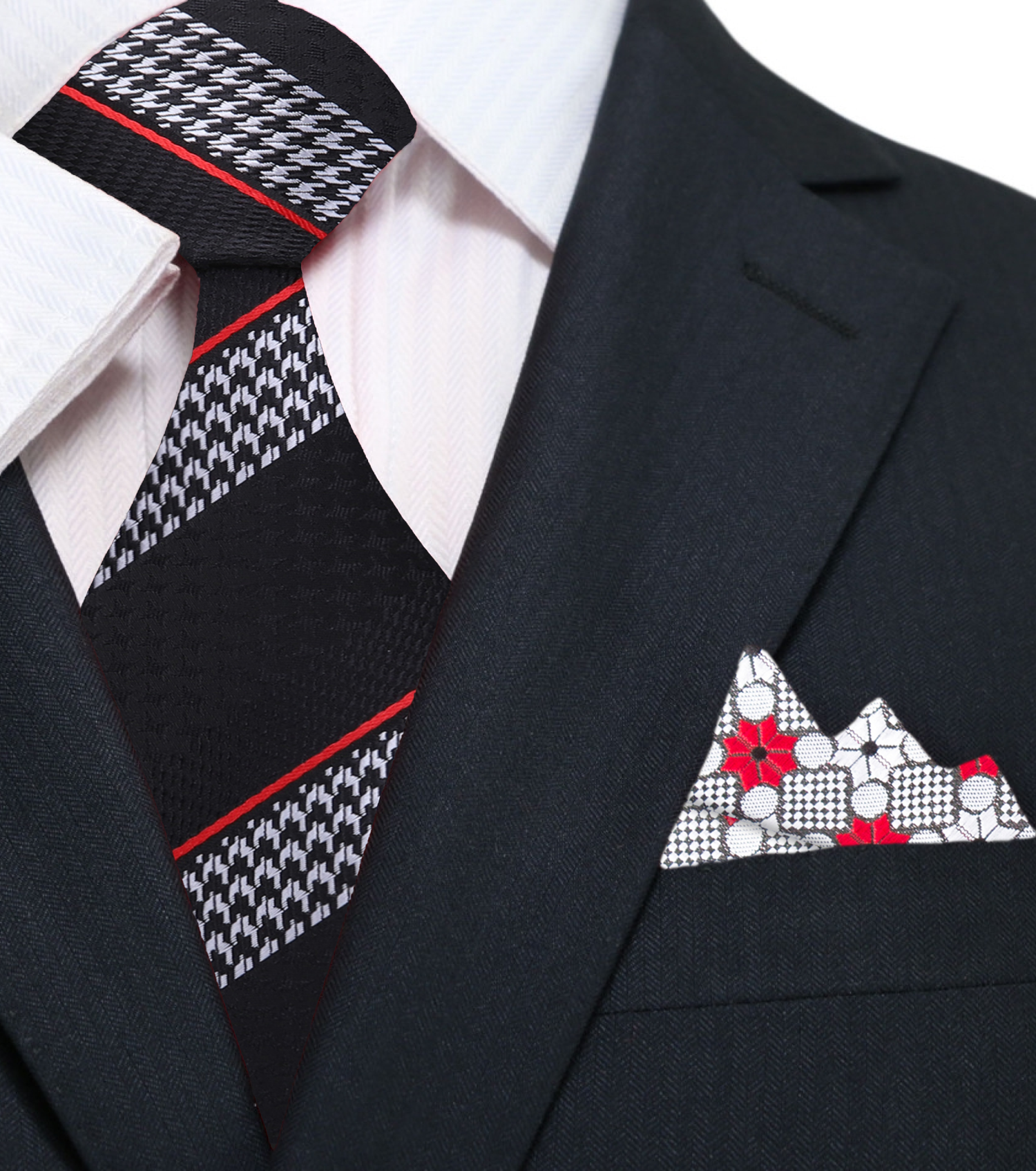 A Black, Grey, Red Stripe With Houndstooth Pattern Silk Necktie, Accenting Pocket Square