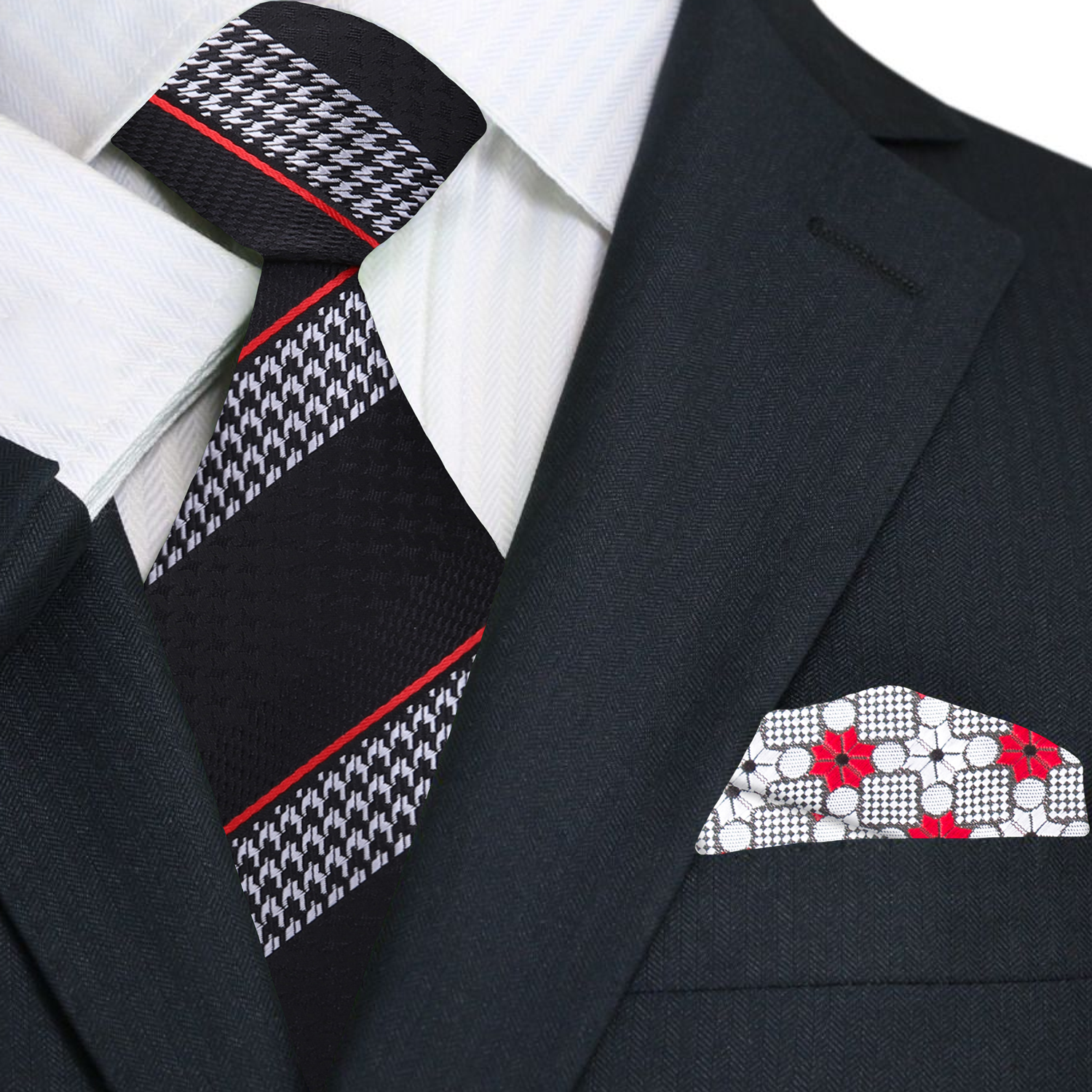 A Black, Grey, Red Stripe With Houndstooth Pattern Necktie, Accenting Pocket Square