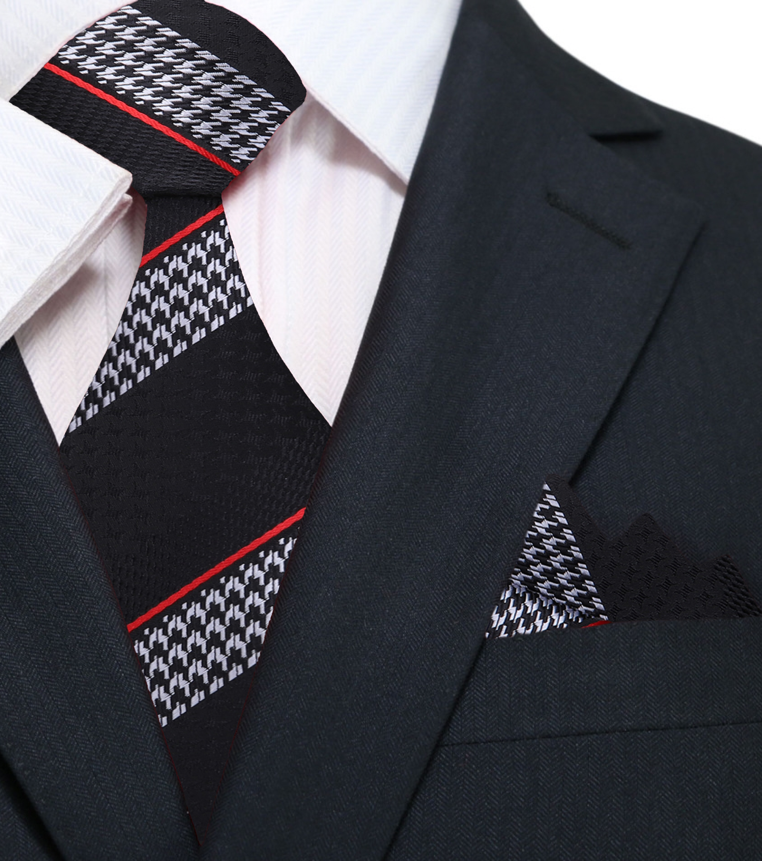 A Black, Grey, Red Stripe With Houndstooth Pattern Silk Necktie, Matching Pocket Square