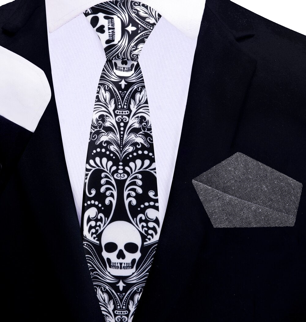 Thin Black Light Grey Skull Tie and Grey Pocket Square