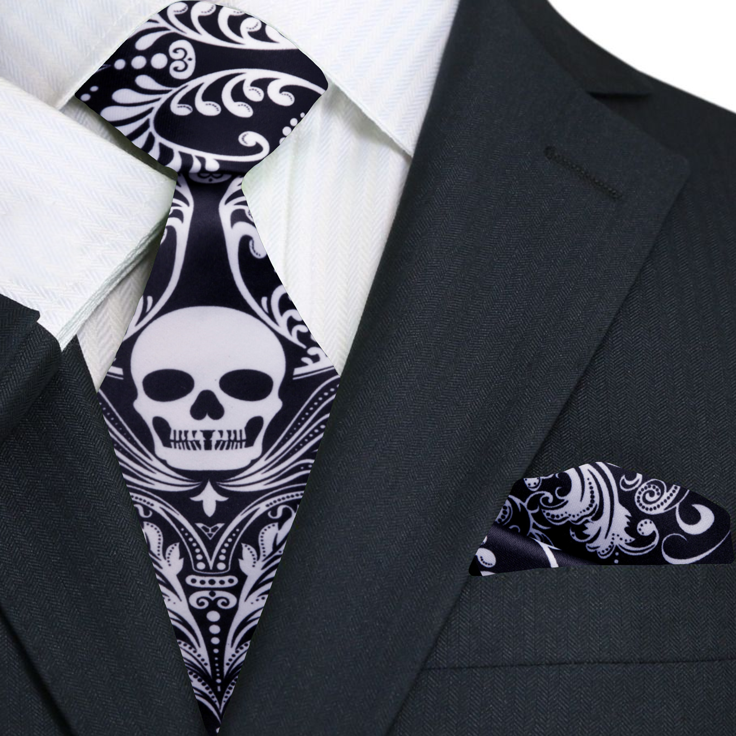 Premium Black Light Grey Skull Tie and Pocket Square