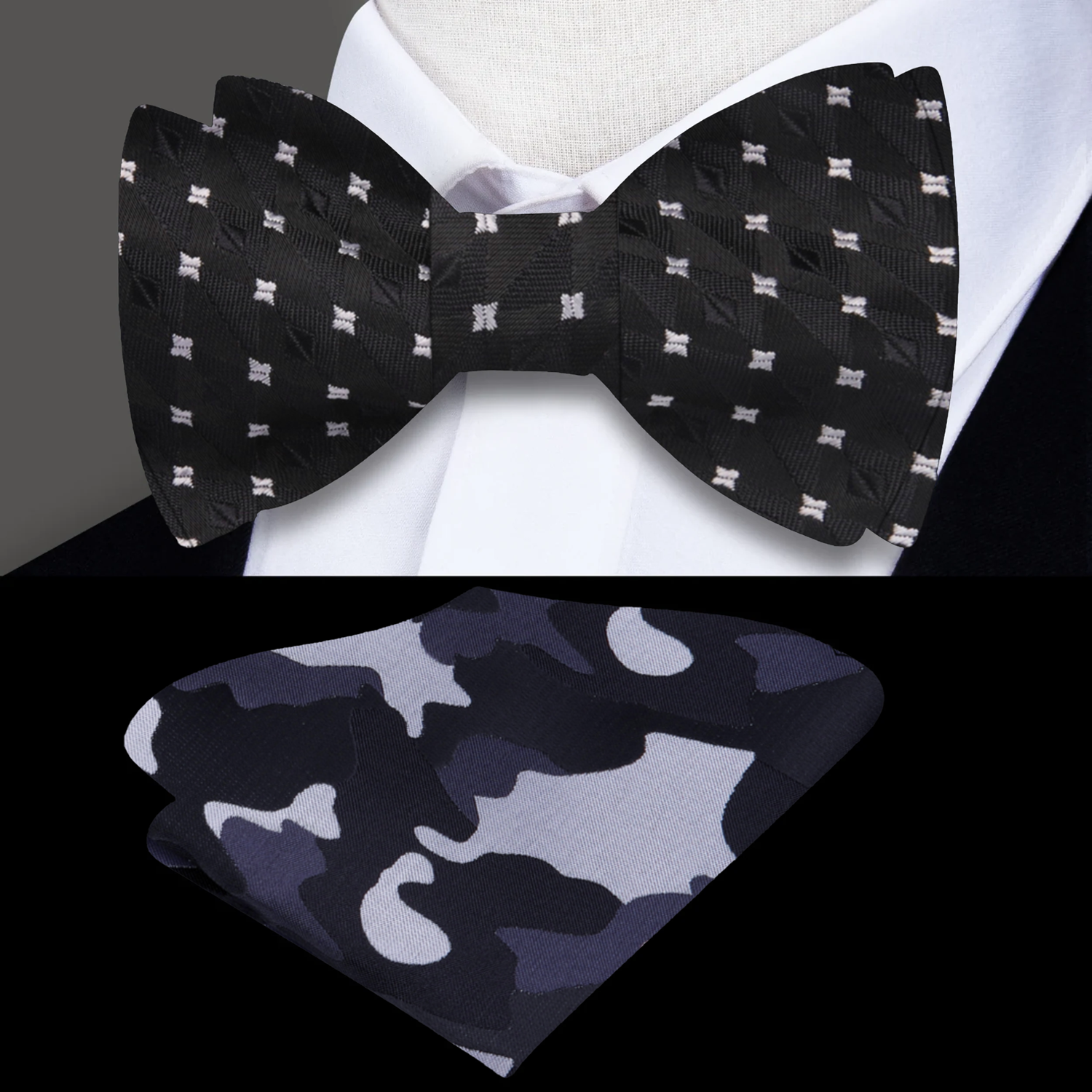 Black and Grey Small Geometric Self Tie Bow Tie and Camo Square