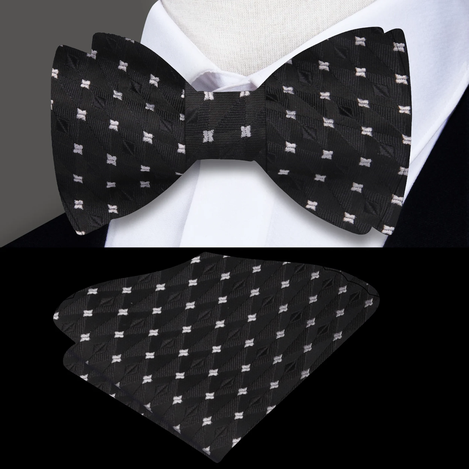 Black and Grey Small Geometric Self Tie Bow Tie and Matching Square