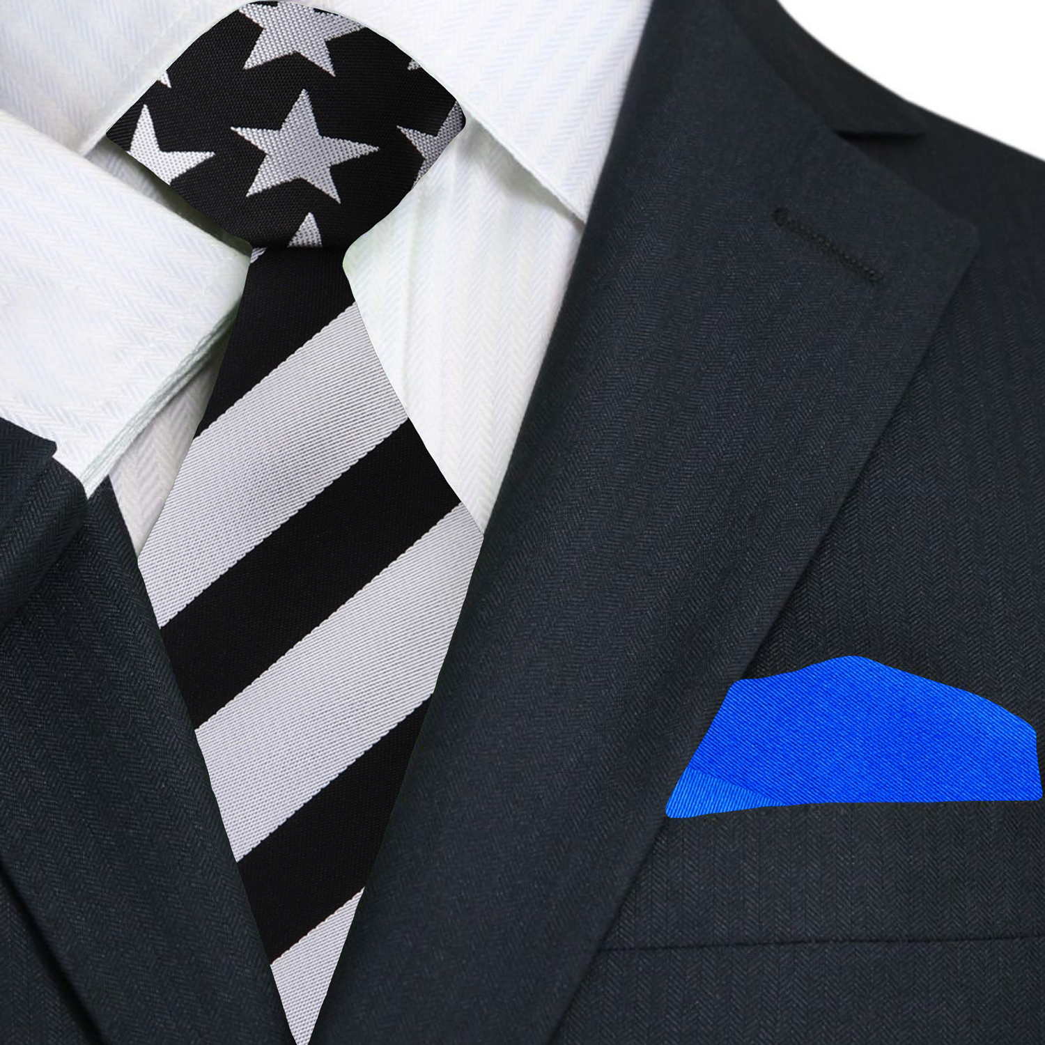 Premium Blue, Black, Grey Stripes and Stars Tie and Pocket Square