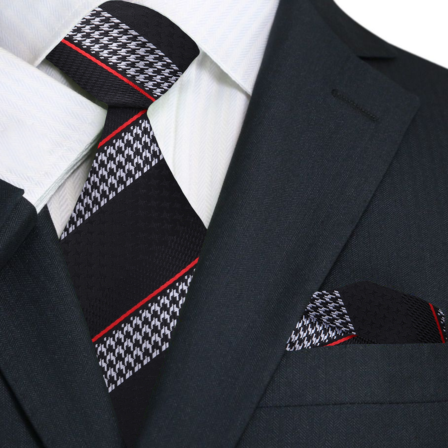 A Black, Grey, Red Stripe With Houndstooth Pattern Necktie, Matching Pocket Square