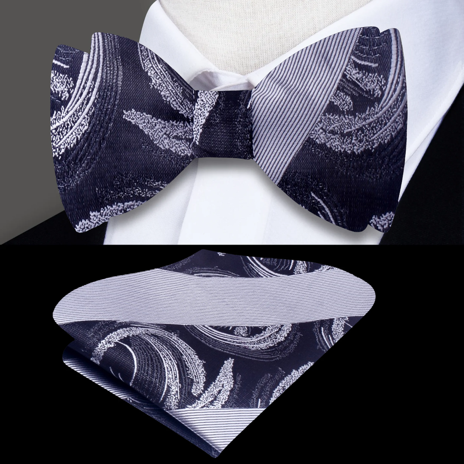 Grey Abstract Swirl with Thick Stripe Pattern Silk Self Tie Bow Tie, Matching Pocket Square