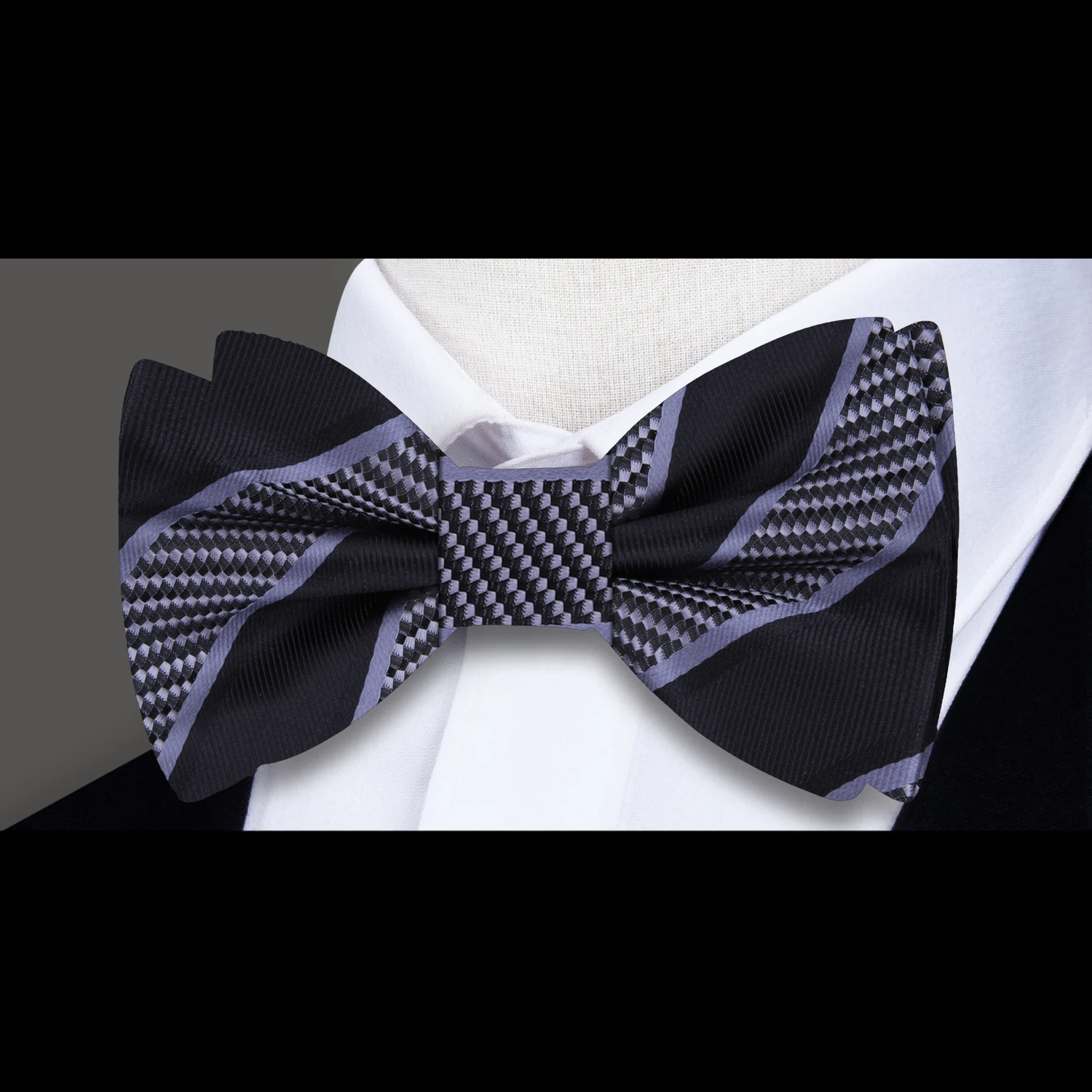 Black, Grey Stripe Bow Tie 