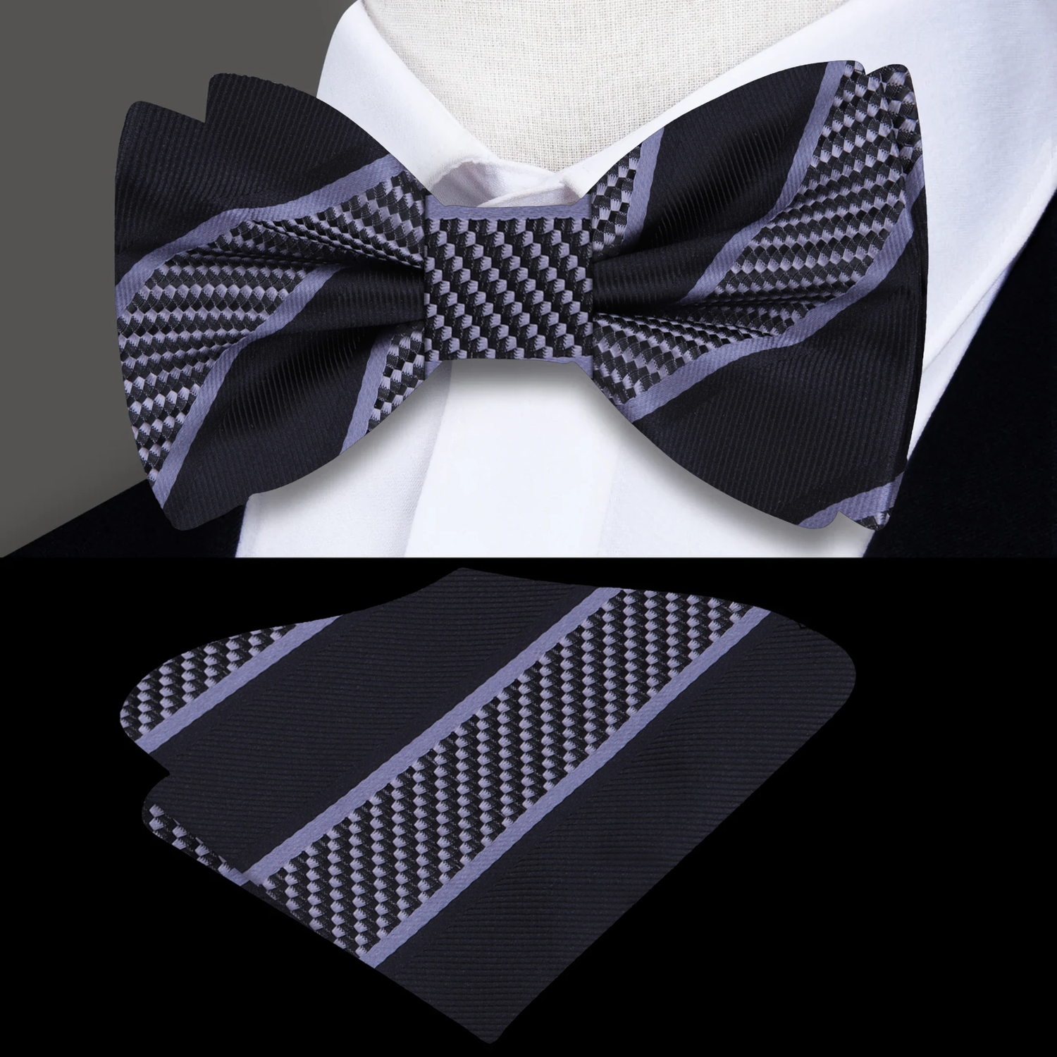 Black, Grey Stripe Bow Tie and Pocket Square||Black/Grey
