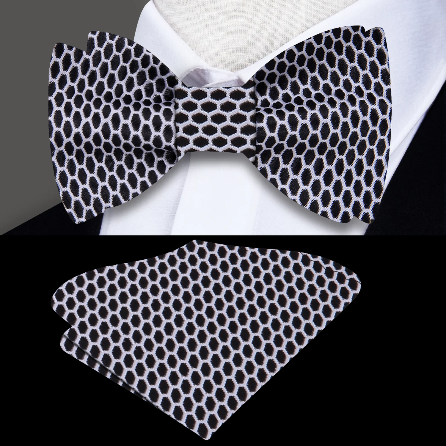 Main View: Black, Light Grey Geometric Bow Tie and Pocket Square