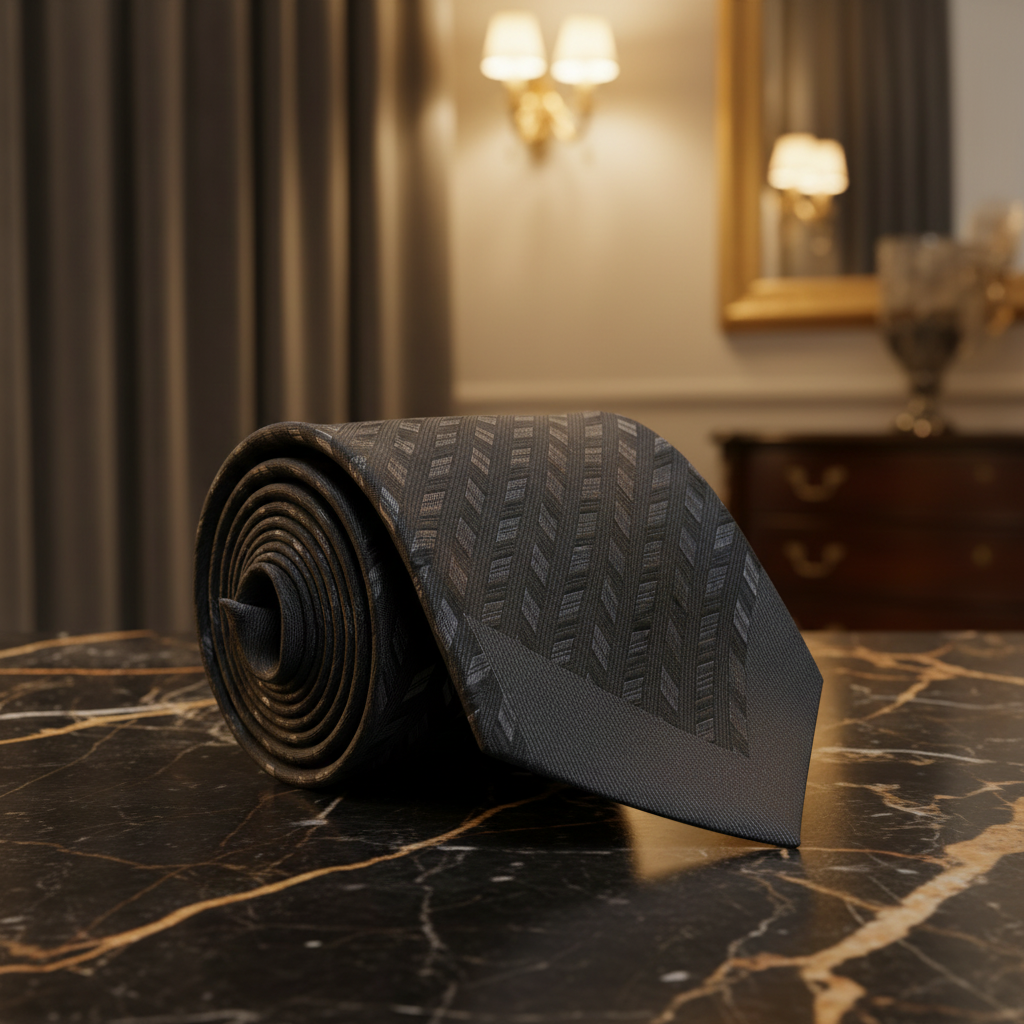 A rolled black necktie with a subtle gray geometric pattern, displayed on a black marble surface in a luxurious room setting.
