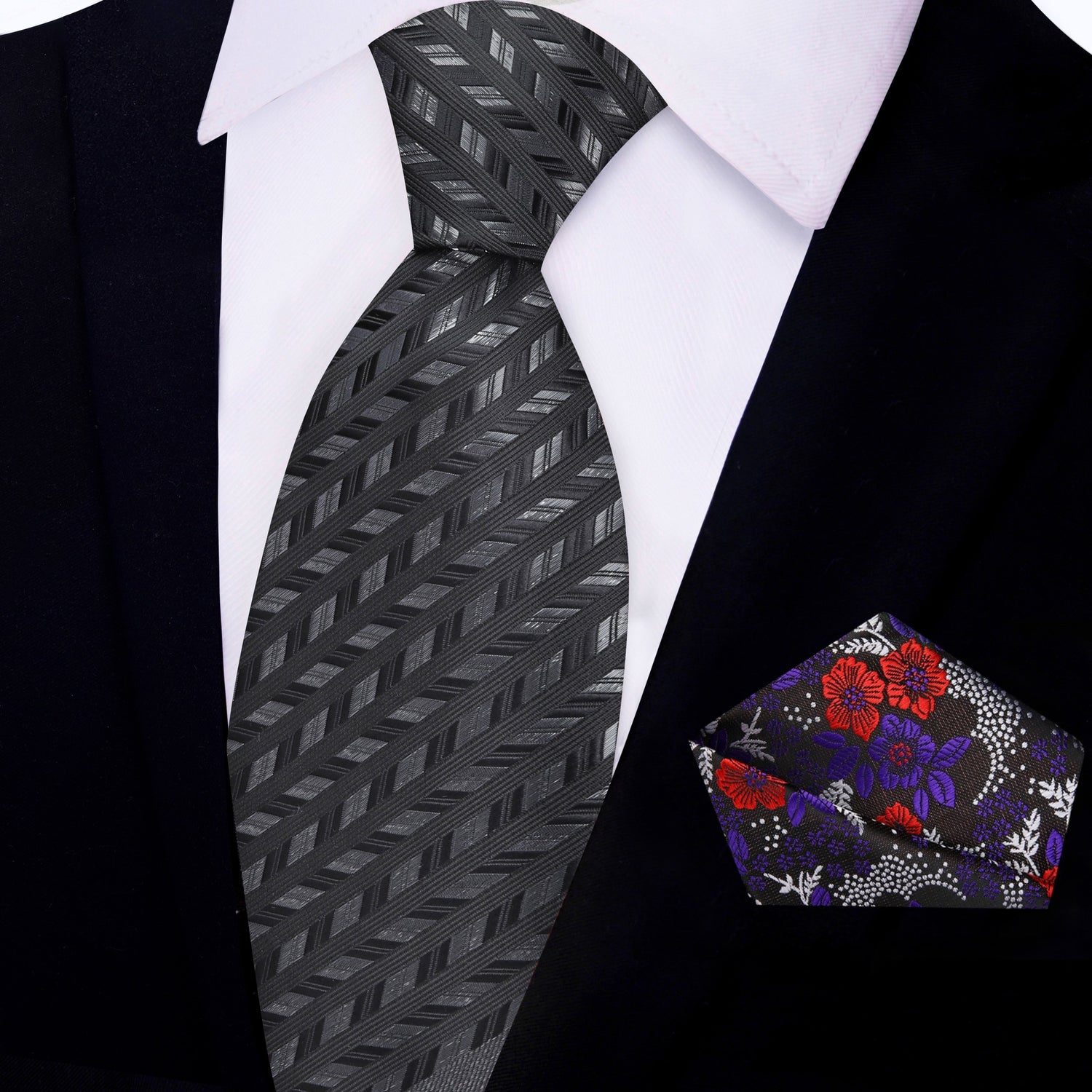 View 2: Black, Charcoal Geometric Necktie & Black, Purple, Red Floral Square