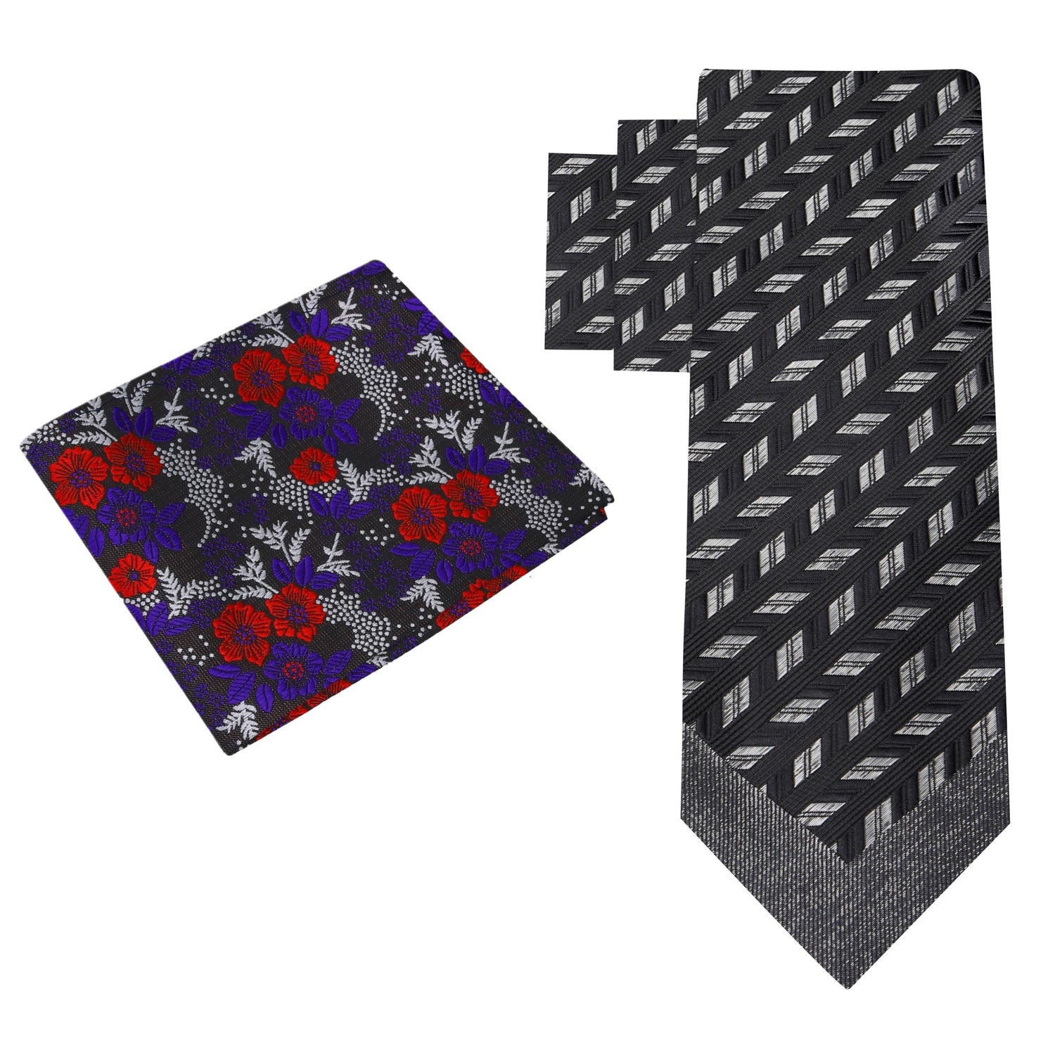 Alt View: Black, Charcoal Geometric Necktie & Black, Purple, Red Floral Square
