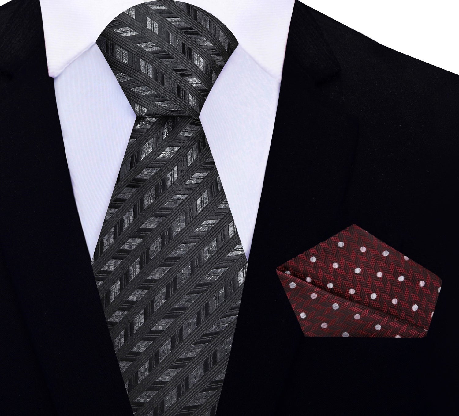 Black, Charcoal Geometric Necktie & Burgundy Square