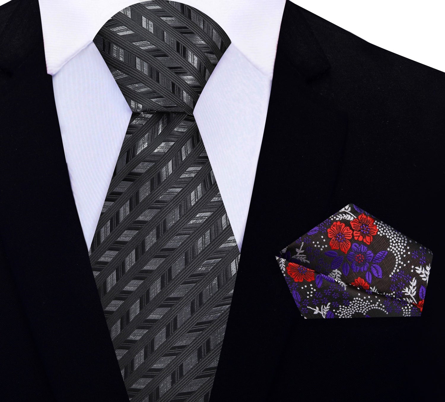 Black, Charcoal Geometric Necktie & Black, Purple, Red Floral Square