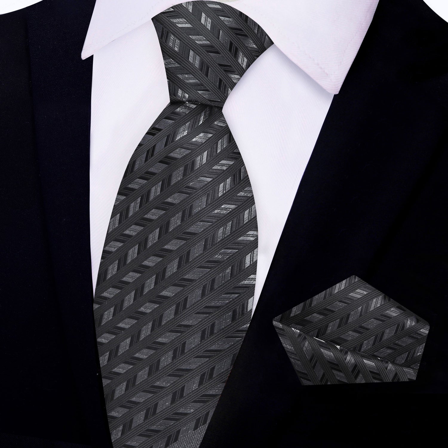 Black, Charcoal Geometric Necktie & Matching Square