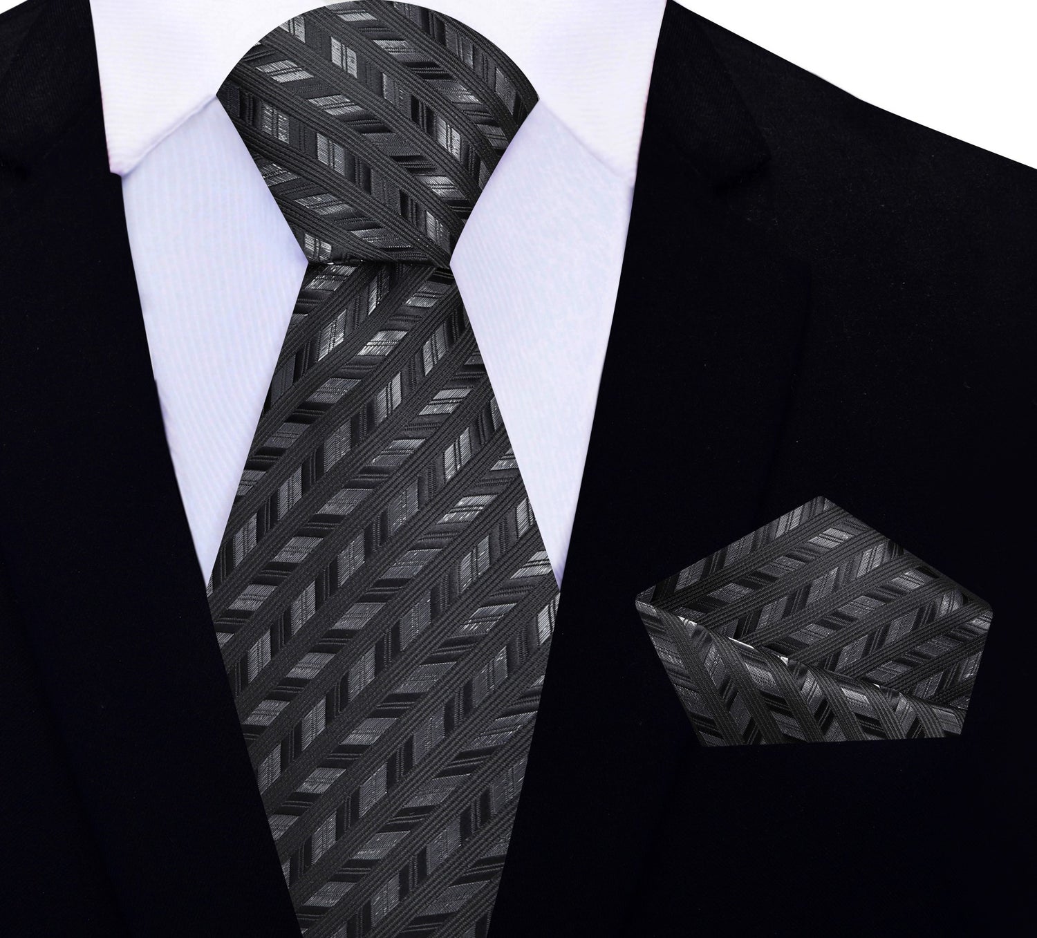 View 2: Black, Charcoal Geometric Necktie & Matching Square