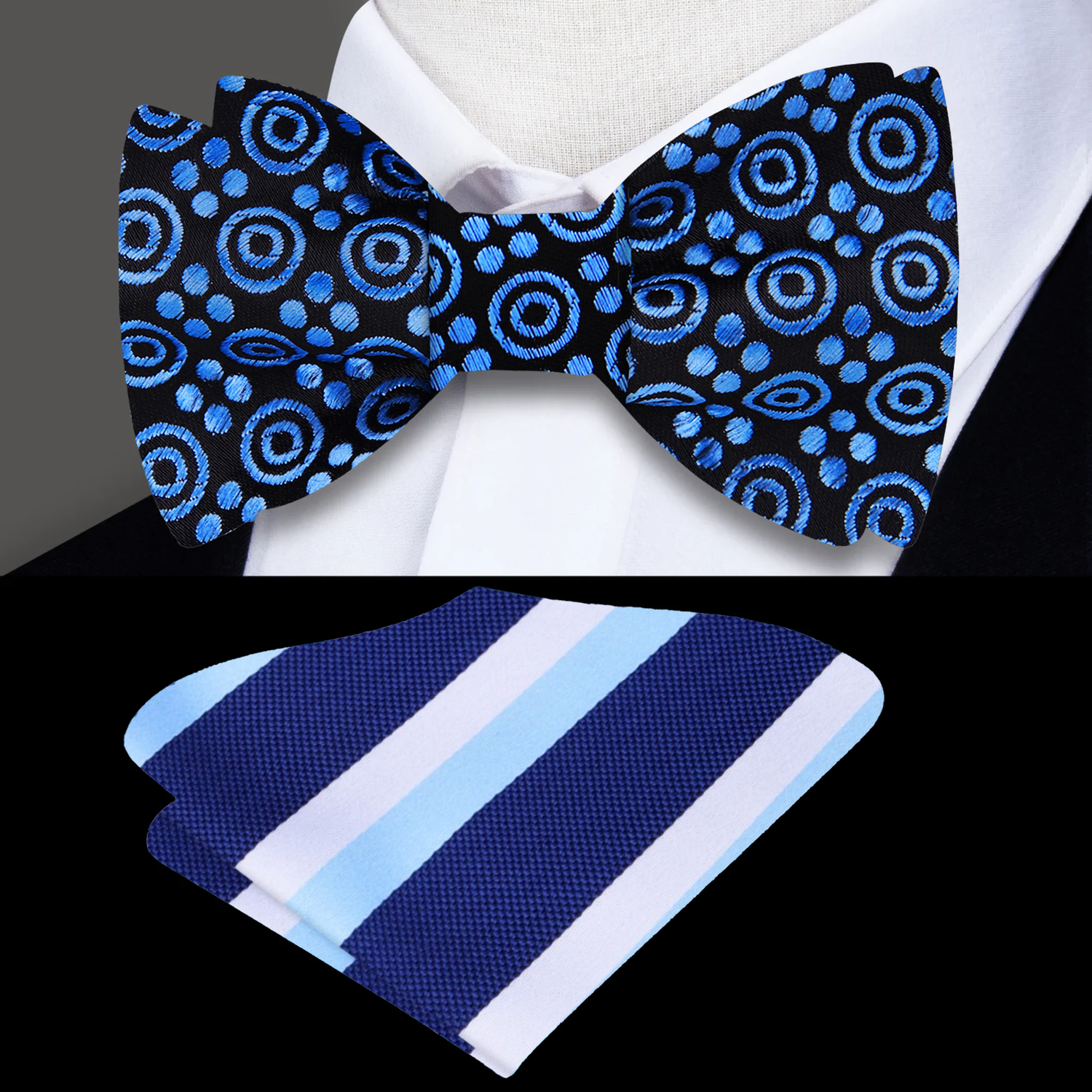 Black, Ice Blue Circles Bow Tie and Stripe Pocket Square