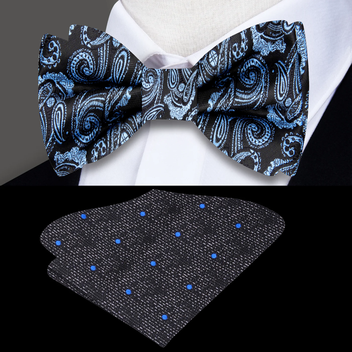 Black, Ice Blue Paisley Bow Tie and Accenting Pocket Square