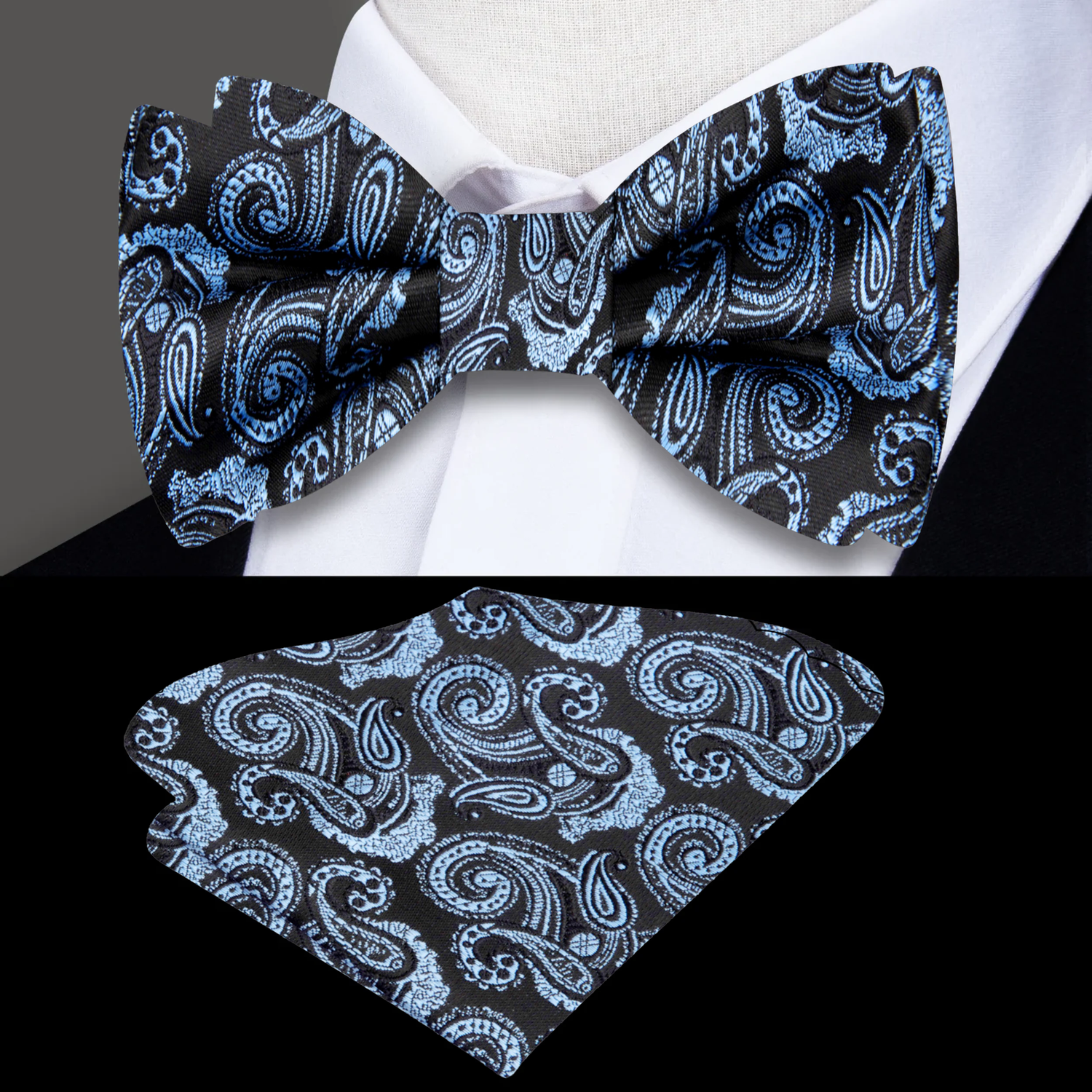 Black, Ice Blue Paisley Bow Tie and Pocket Square