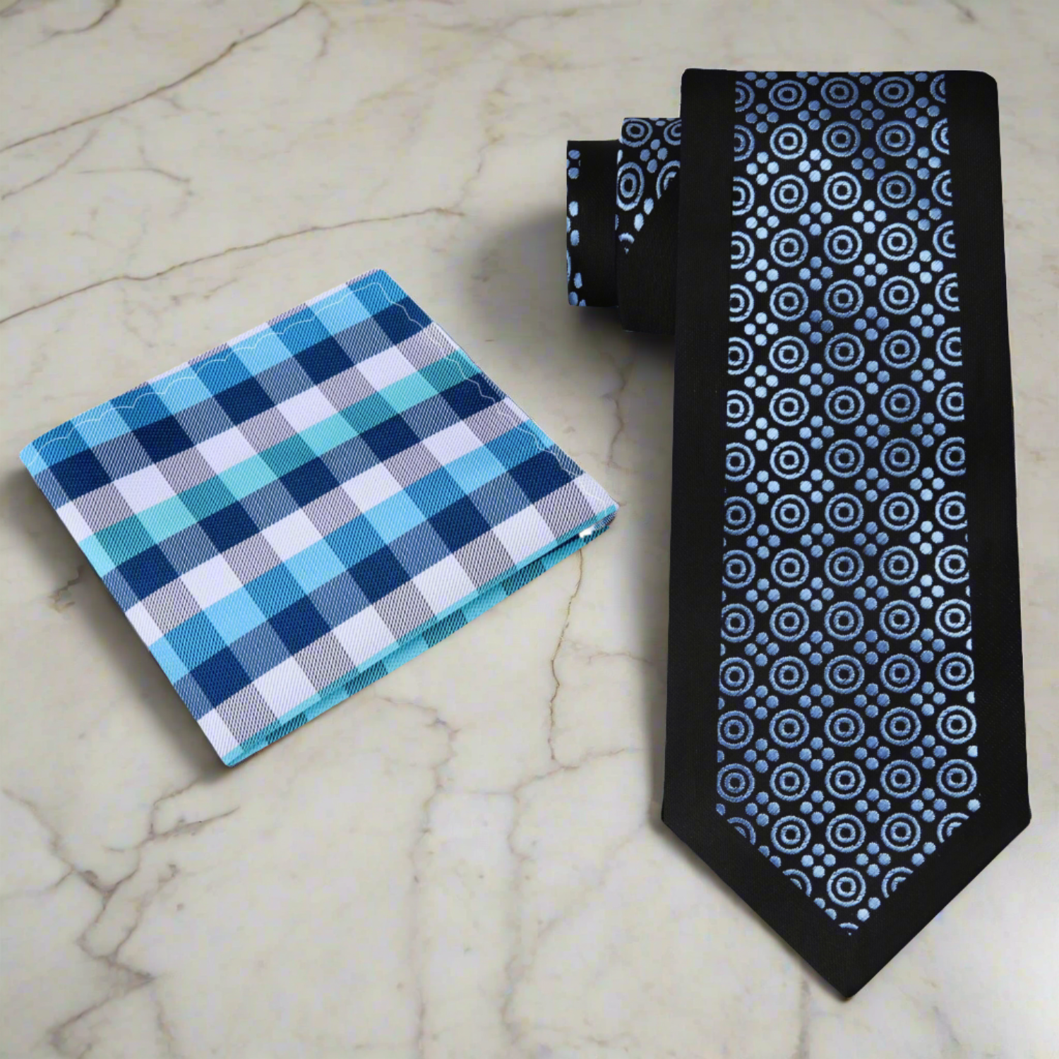 Alt Black, Ice Blue Geometric Tie and Accenting Pocket Square