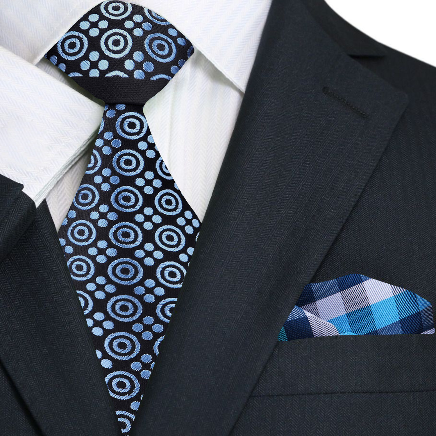 Black, Ice Blue Geometric Tie and Accenting Pocket Square