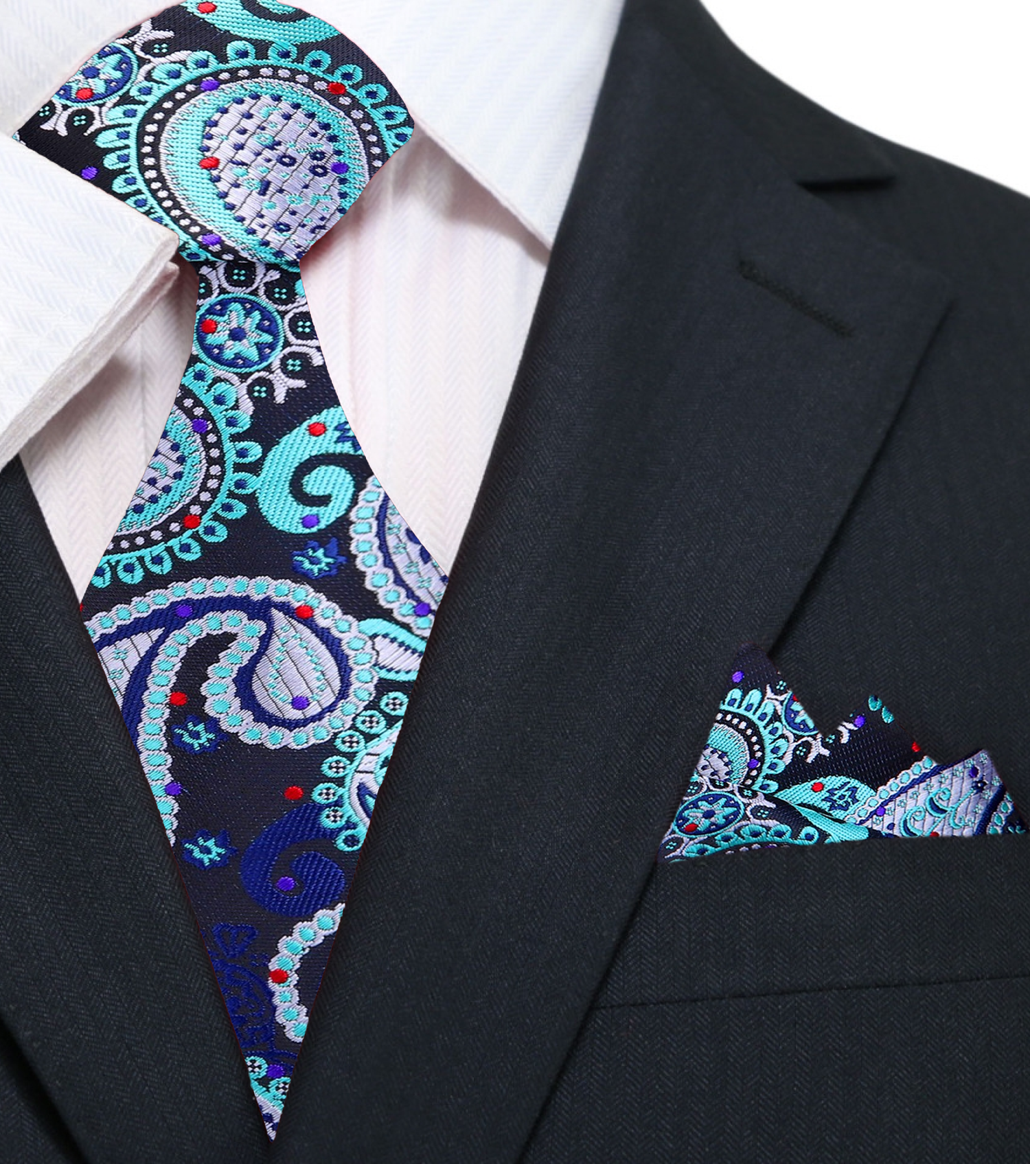 Black, Ice, Blue, Red Paisley Tie and Pocket Square